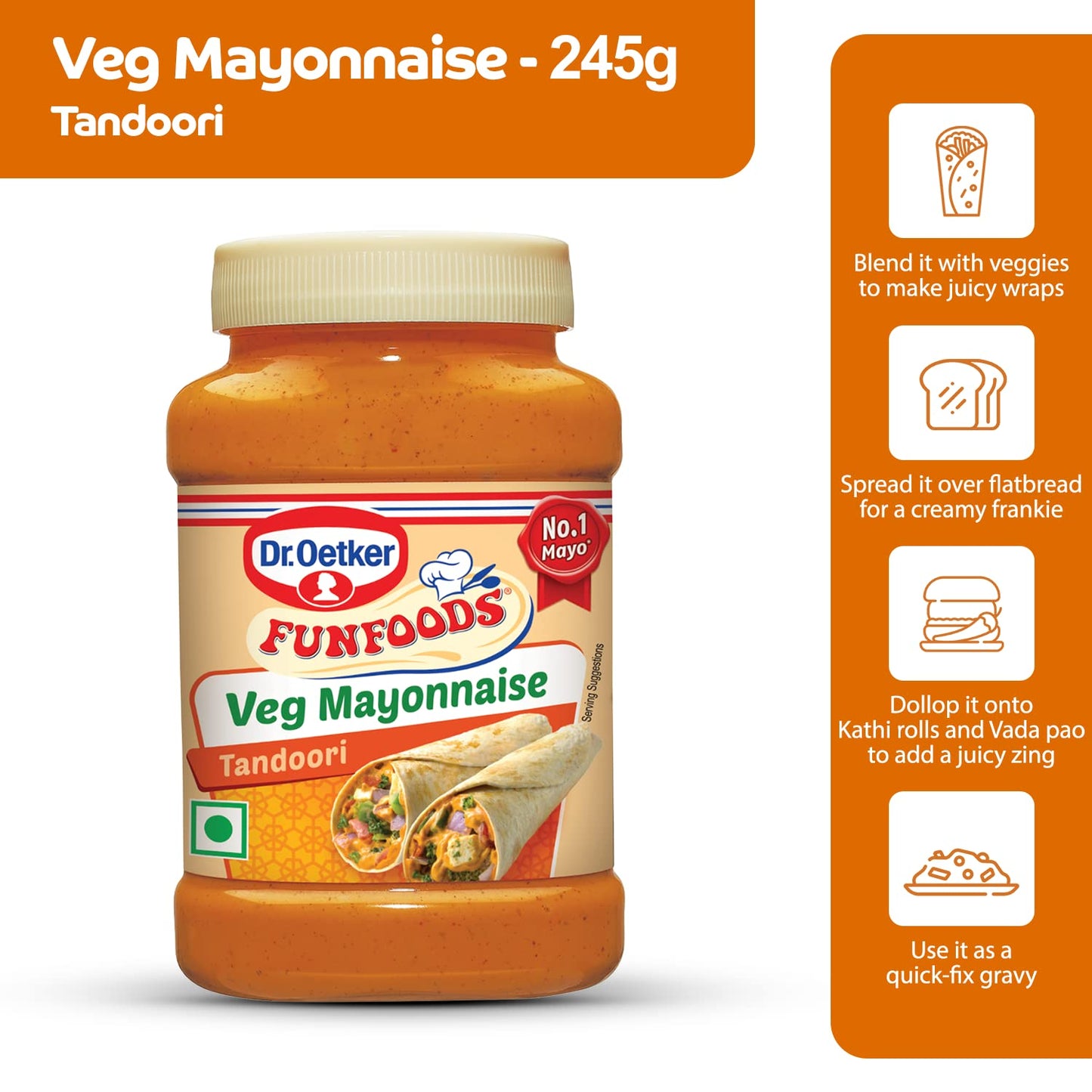 Dr. Oetker Funfoods Tandoori Mayonnaise | Funfoods Mayonnaise | Extra Creamy Mayonnaise | Mayonnaise For Sandwich, Burger, Wraps