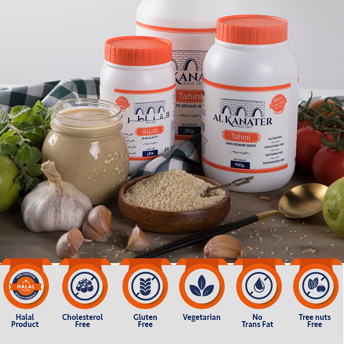 Al Kanater, Tahini Sesame Paste, 2 Lb (32 Oz), 100% Natural, 100% Ground Sesame Seeds, Absence Of Chemicals-No Whitening, Rich Creamy Taste For Hummus, Sauces, Baba Ghanouj And Halawa.