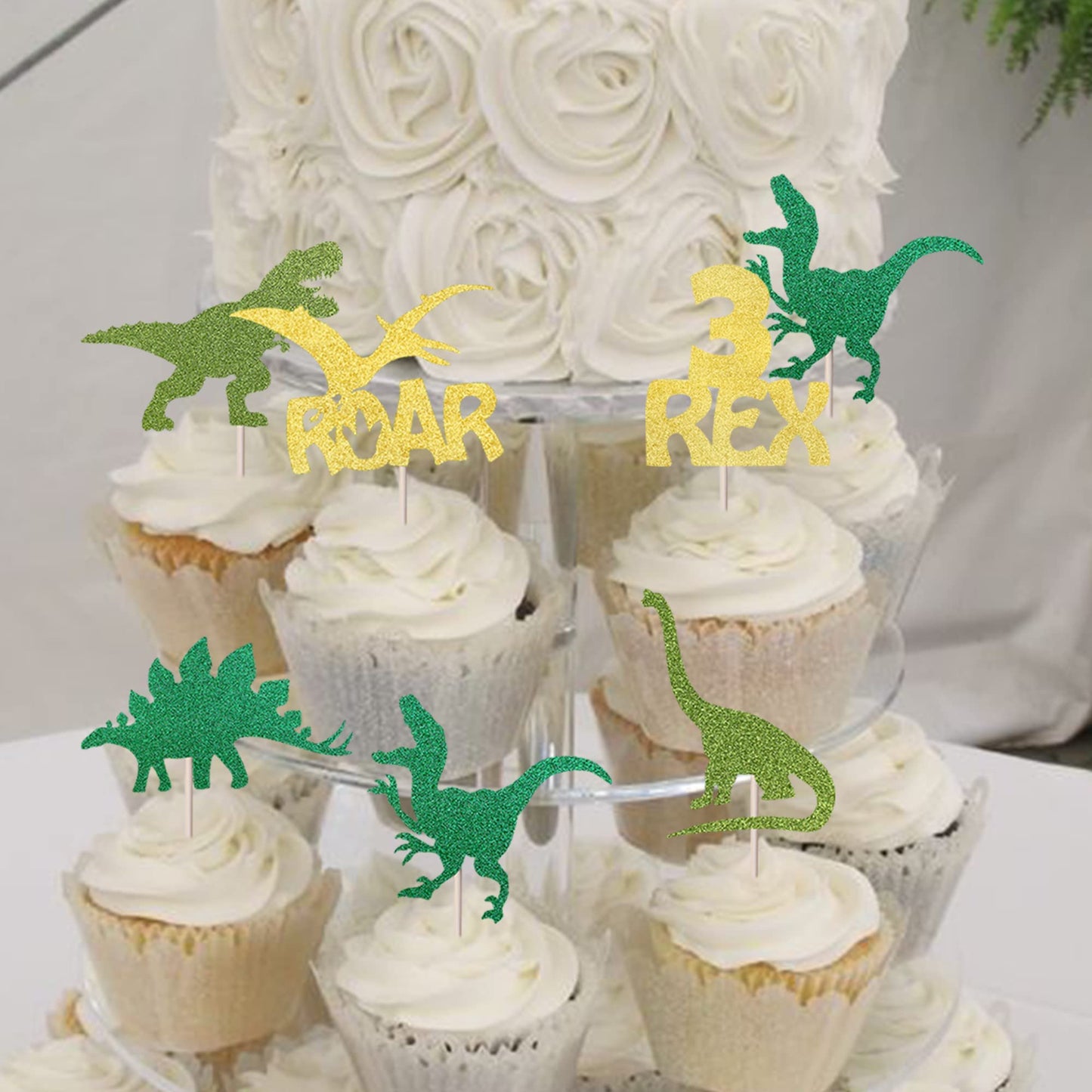 YCTHUNFISH Dinosaur Cupcake Toppers, 24 Pack, Glitter Gold, Bamboo, Small, Dino Theme for Baby Shower or Birthday Party Decorations