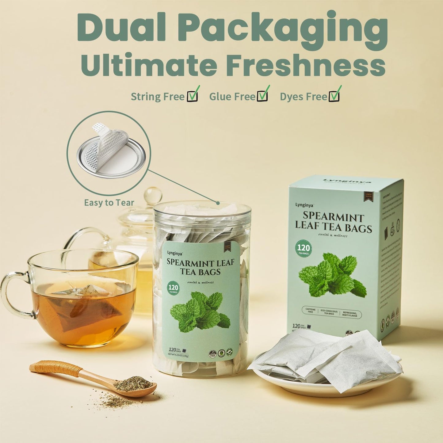 Lynginya Spearmint Tea - Natural Herbal Tea - 120 Tea Bags - Caffeine-Free - Refreshing & Minty