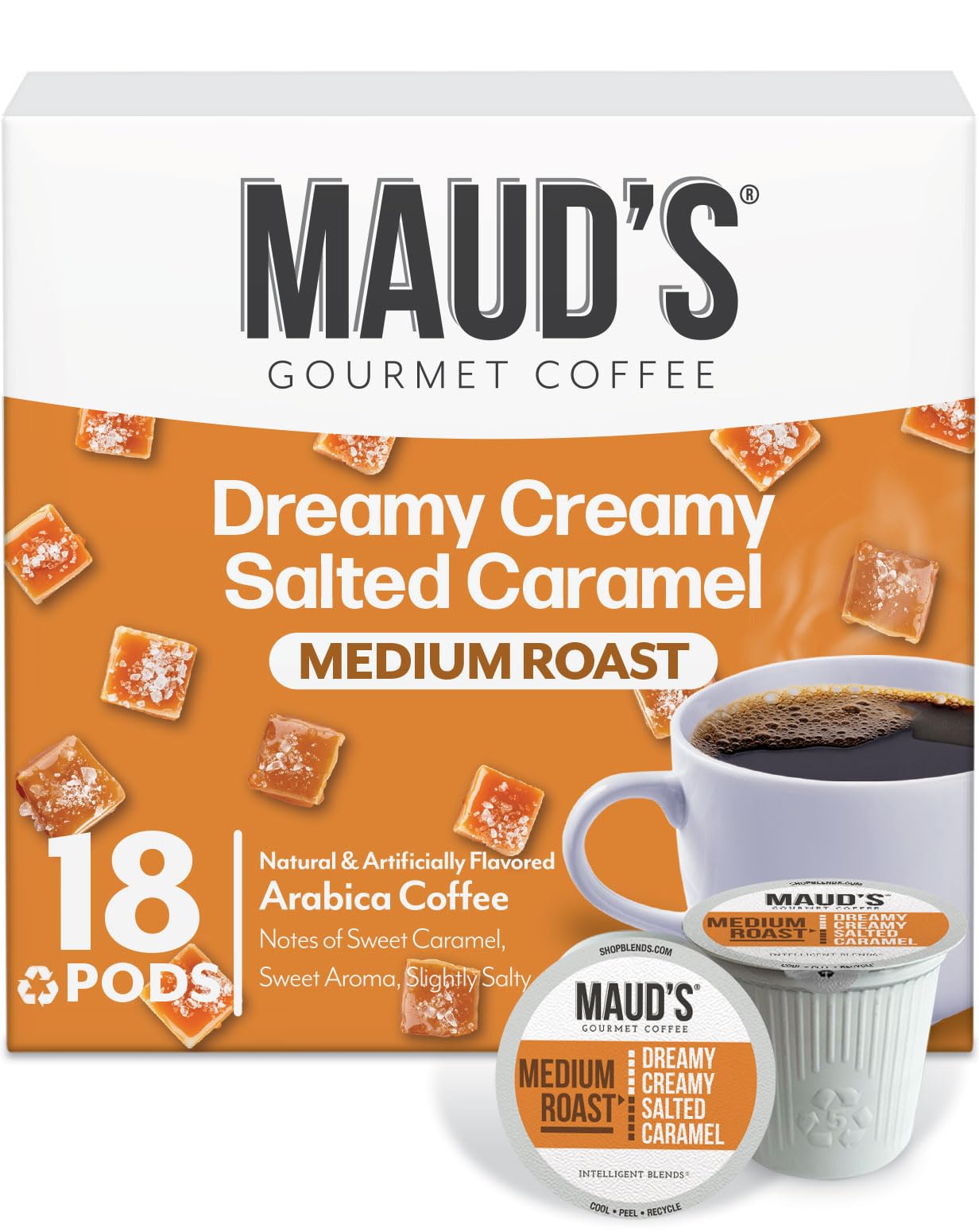 Maud's Salted Caramel Flavored Coffee Pods, 18 ct, Medium Roast Flavored Coffee in Recyclable Single Serve Pods - 100% Arabica B