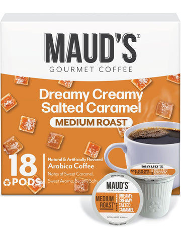 Maud's Salted Caramel Flavored Coffee Pods, 18 ct, Medium Roast Flavored Coffee in Recyclable Single Serve Pods - 100% Arabica B