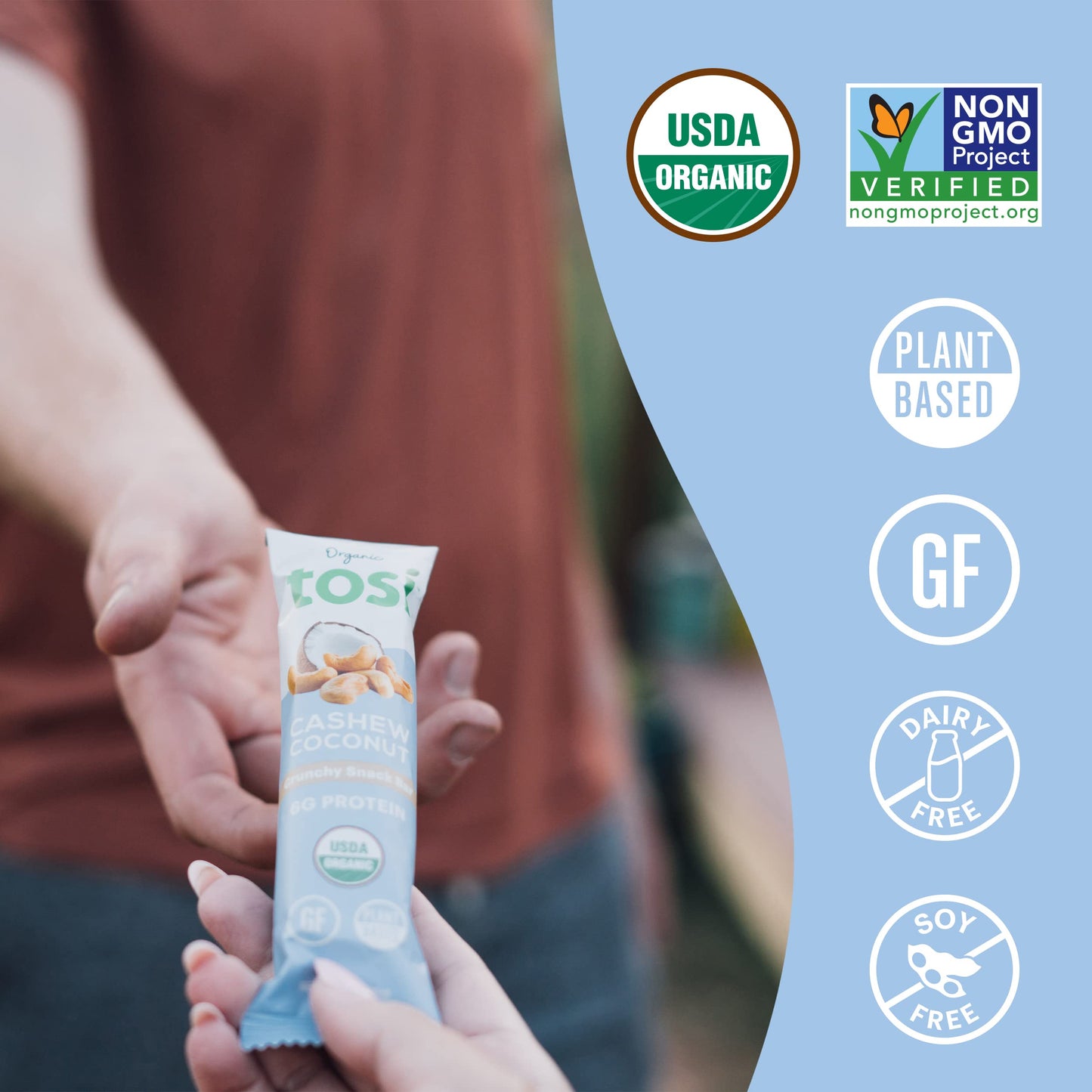 Tosi Cashew Coconut Protein Bars, Plant Based With Nuts, Gluten-Free Crunchy Snacks, Vegan, Organic, Flax & Chia Seeds, Soy-Free
