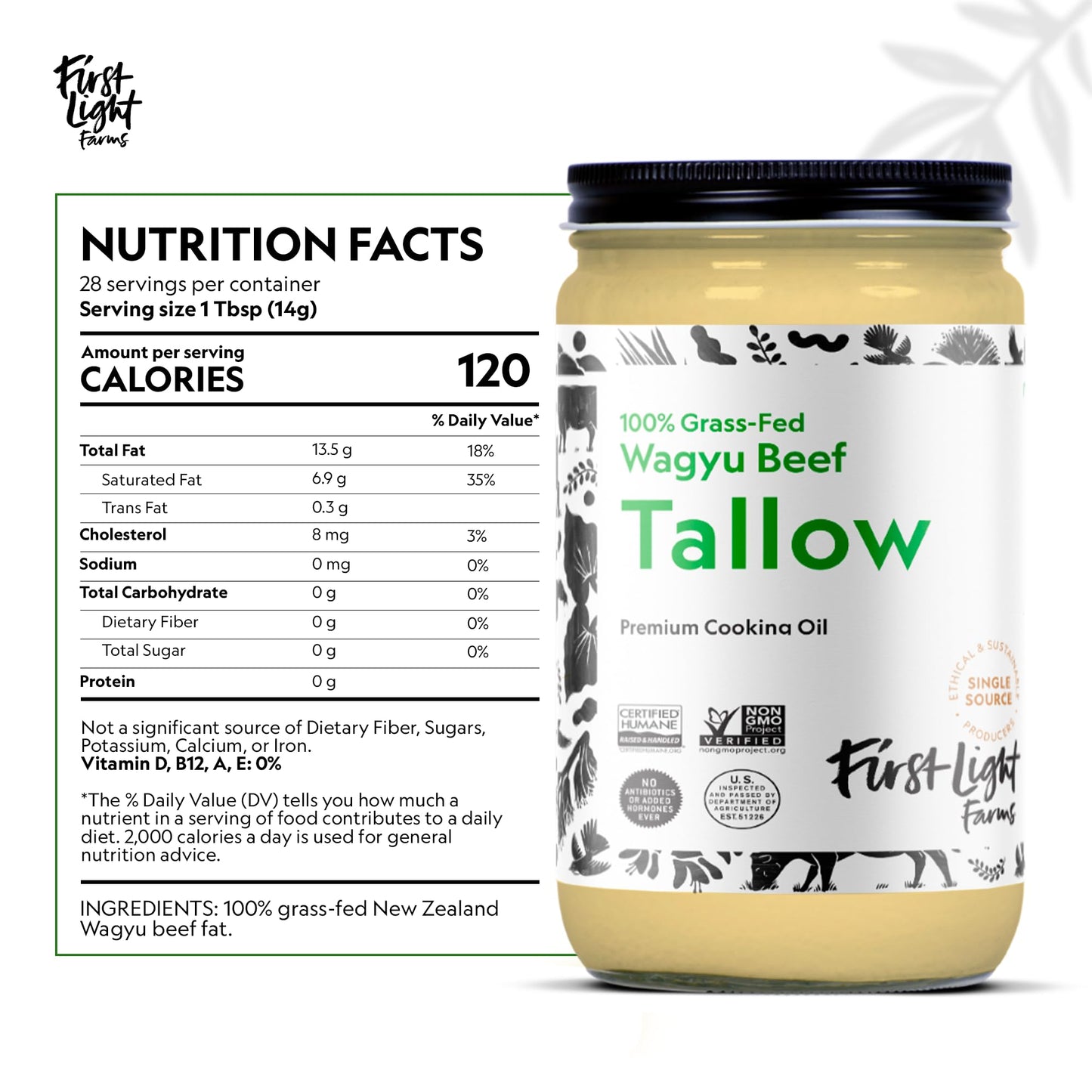 First Light Wagyu Beef Tallow | 100% Grass-Fed, 14oz Glass Jar | Gluten-Free, Dairy-Free, Perfect for Keto & Whole30