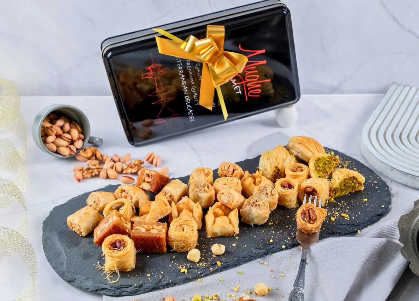 Mughe Gourmet Assorted Baklava Pastry Gift Elegant Tin Box - 500g 1.1lb 32 pcs - Turkish Pistachio, Almond, Walnut, Cashew, Haze
