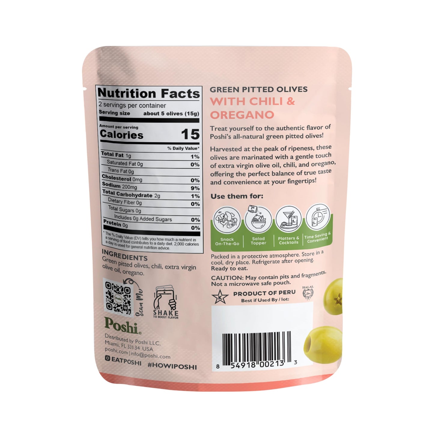 Oloves Green Greek Pitted Olives, Chili & Oregano, Vegan, Gluten Free, 30 Pack, 1.1oz Bags