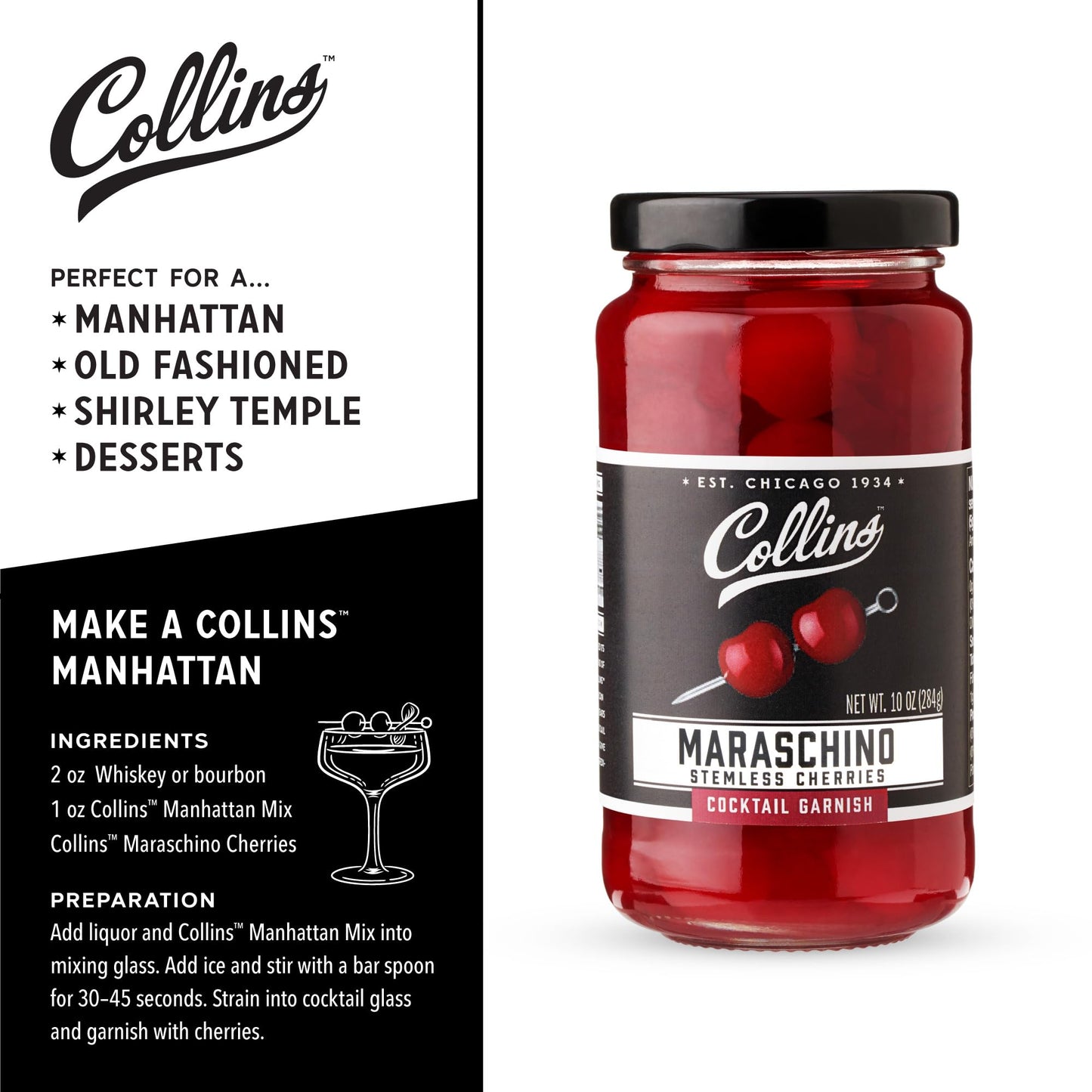Collins Stemless Maraschino Cherries, Gourmet Snacking for Cocktails & Desserts, 10oz, Set of 1