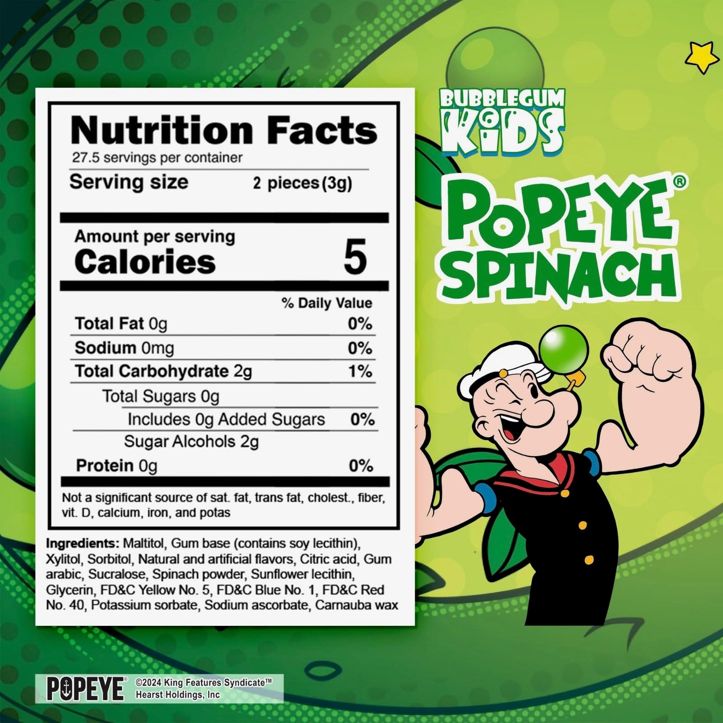 Bubblegum Kids Sugar Free Gum - For Kids And Adults - Xylitol Chewing Gum - Aspartame Free, Vegan Friendly - Popeye'S Spinach Ma