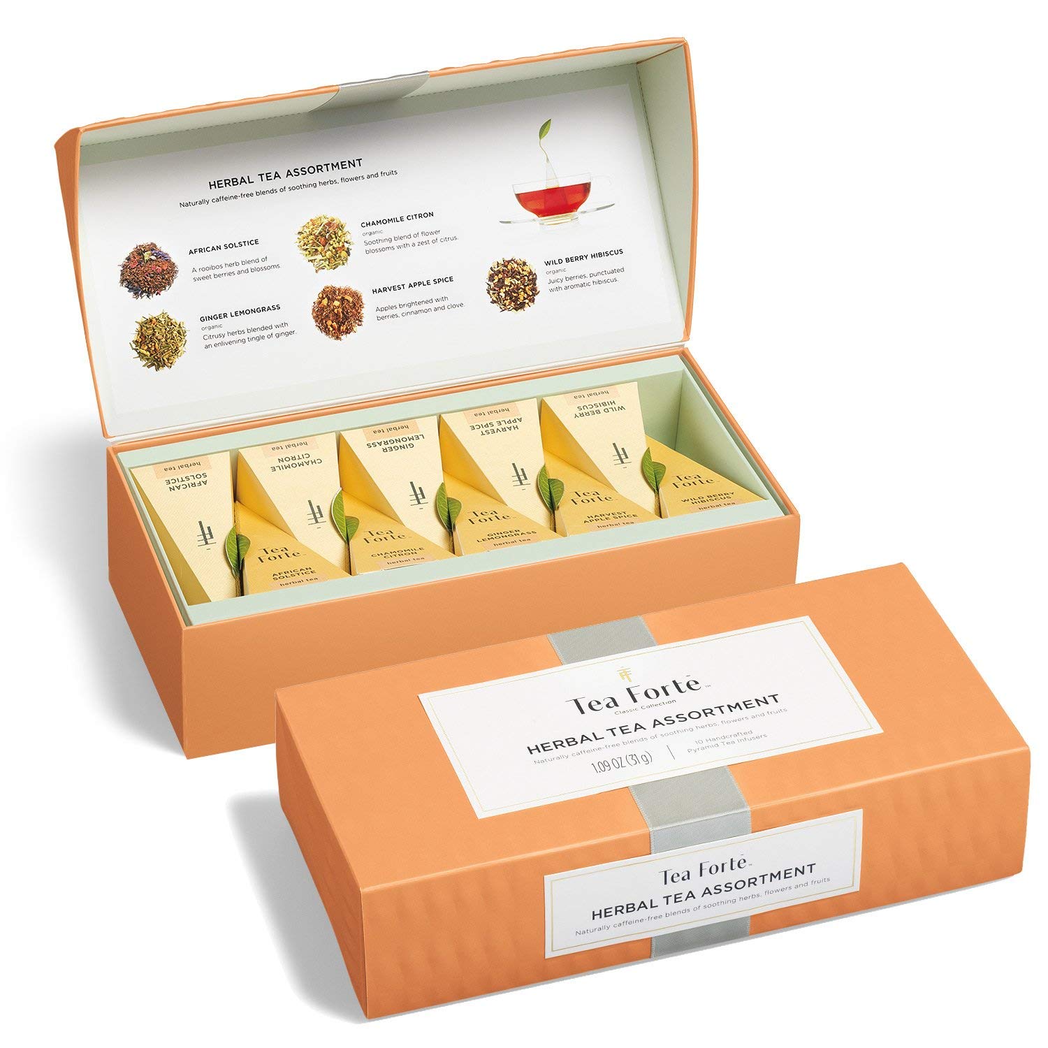 Tea Forte Assorted Herbal Tea Gift Set, 10 Count, Handcrafted Pyramid Infuser Bags, Individually Wrapped, Model SYNCHKG072868