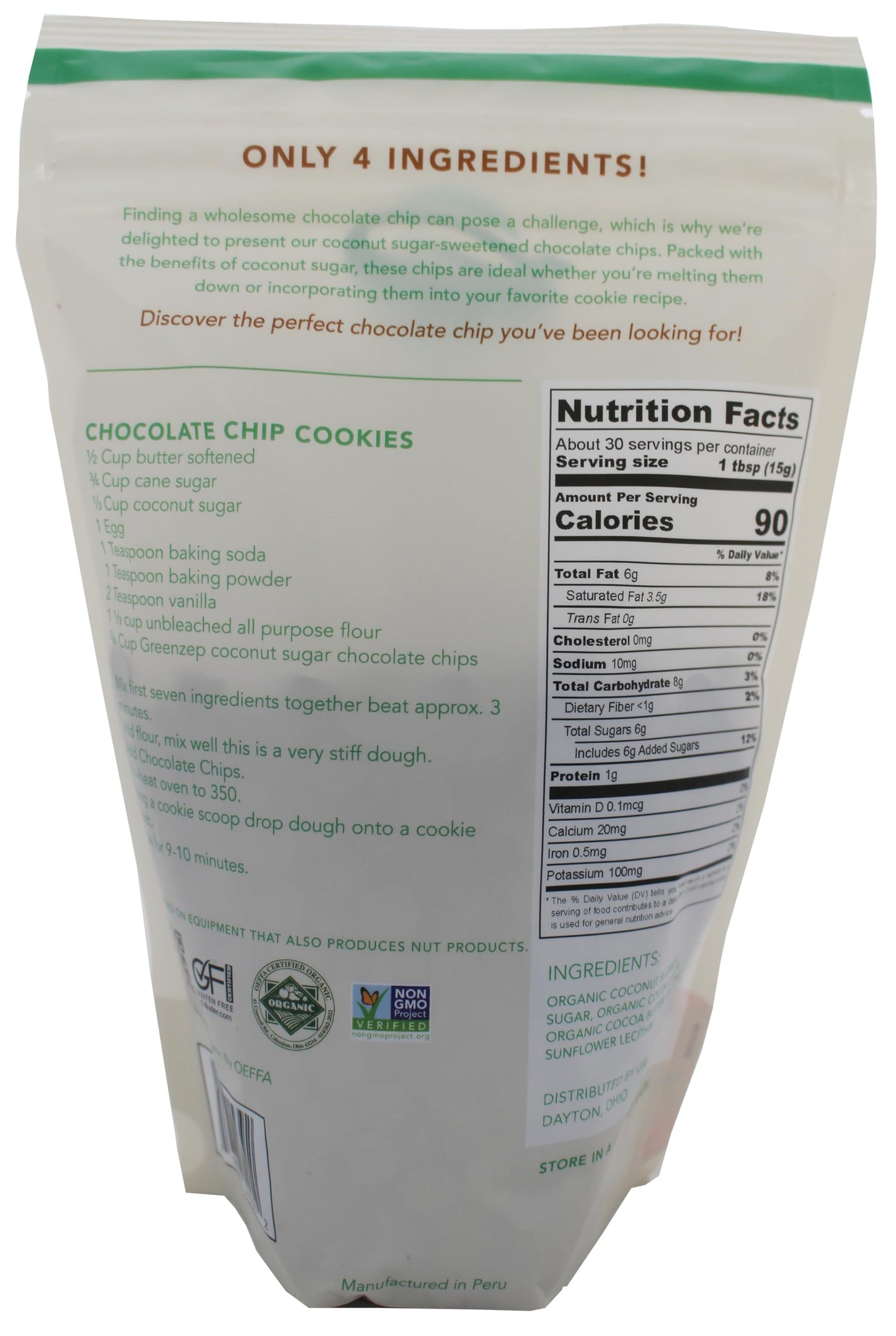 GreenZep Coconut Sugar Organic Chocolate Chips, Dairy Free, Gluten Free, Vegan, 16 Ounce Bag