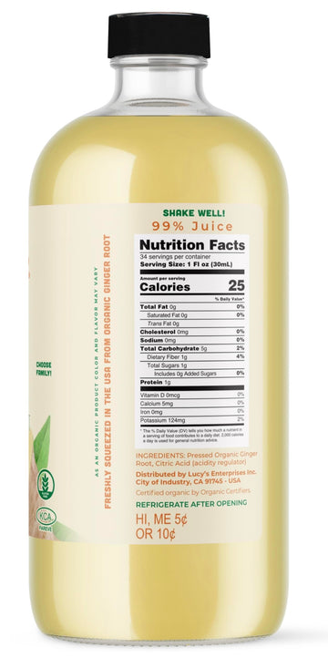 Lucy’s Organic 99% Pure Ginger Juice - 34 oz Glass Bottle, Fresh Pressed Peruvian Ginger, Natural Health Drink