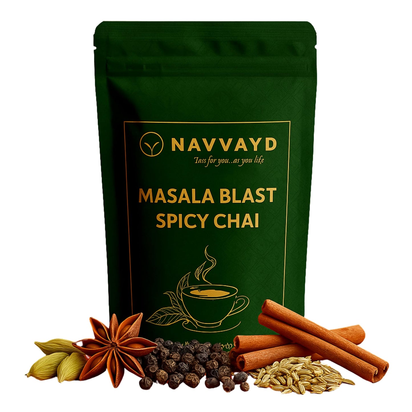 NAVVAYD Masala Blast Chai (8.82 Oz / 250 Gm), With Cardamom, Cinnamon, Black Pepper, Fennel Seeds & Star Anise