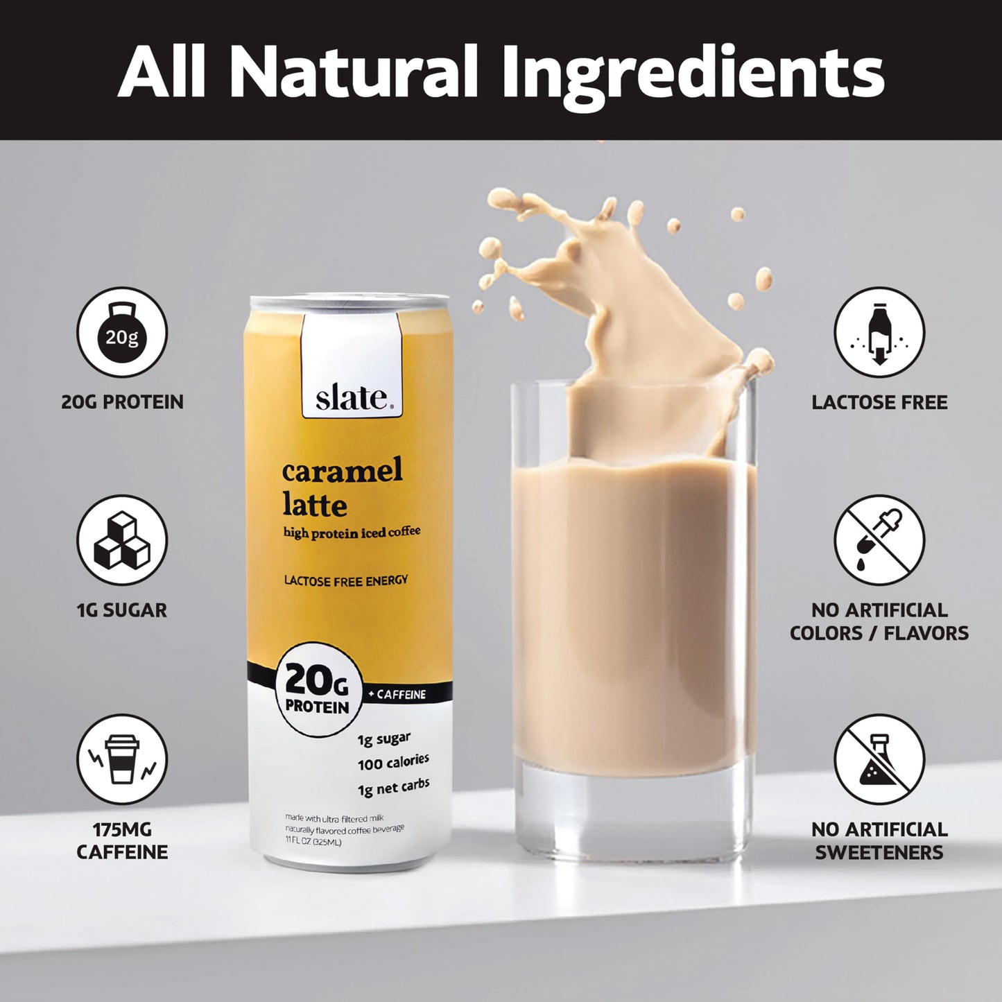 Slate Milk - High Protein Iced Coffee - Caramel Latte - 175mg Caffeine  Lactose Free Energy - 20g Protein  1g Sugar  100 Calories  1g Net Carbs  No Sugar Added - Protein Coffee - 11 fl oz  24 Cans