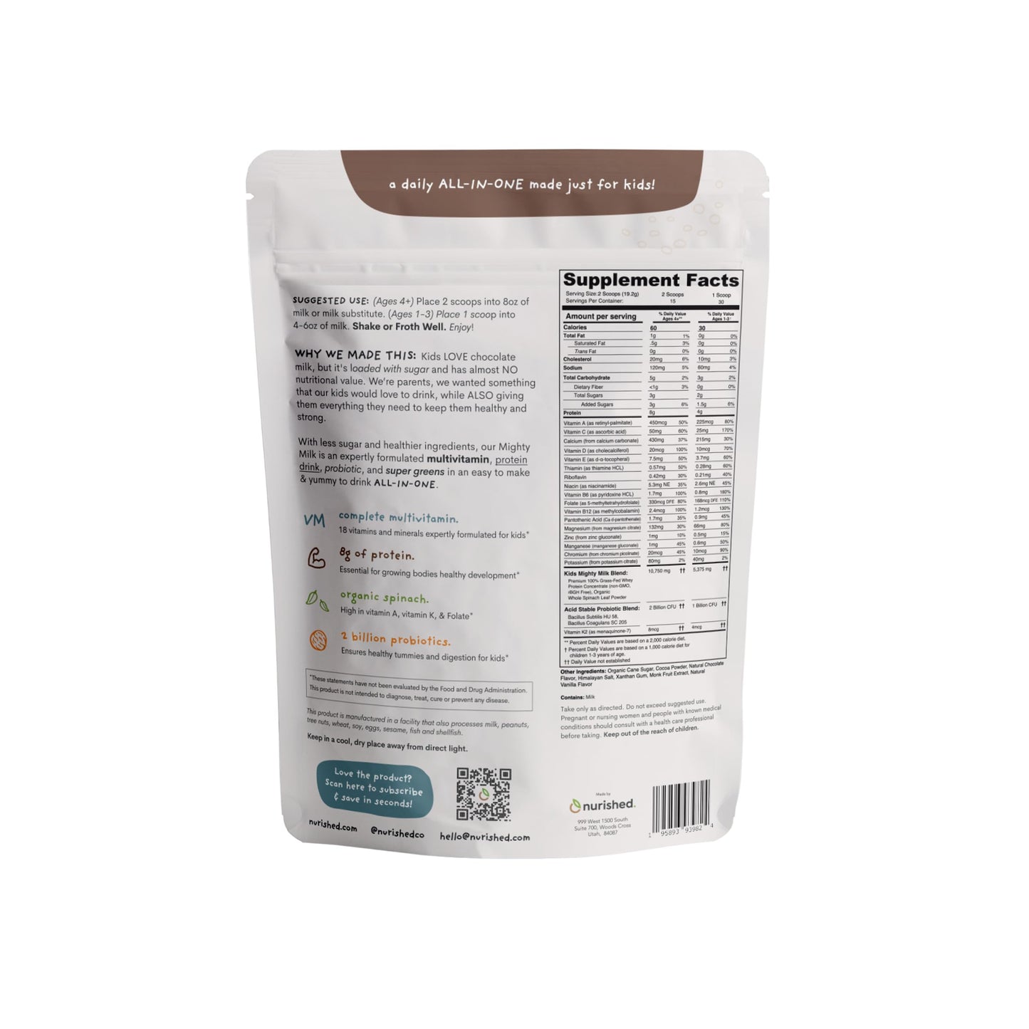 Nurished Mighty Chocolate Milk - Kids Daily Protein Powder Boosted with 2 Billion Probiotics and Organic Spinach Leaves - Natura