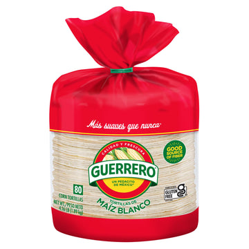 Guerrero White Corn Tortillas, Gluten Free, Trans Fat Free, Bulk Soft Taco Size, 80 Count