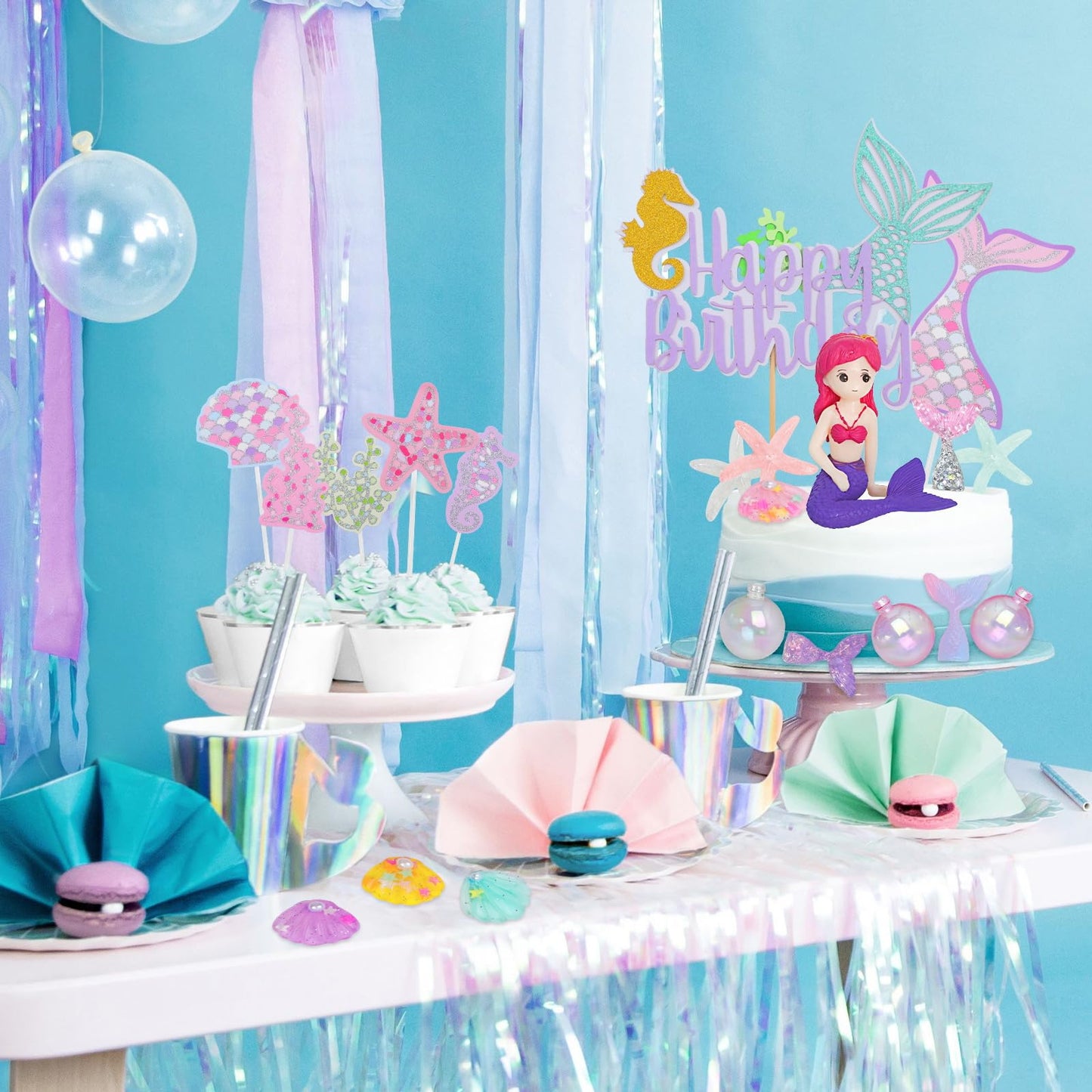 Lukinuo Mermaid Cake Toppers For Girl 30Pcs Little Mermaid Figurine Under The Sea Ocean Cake Decor Seaweed Bubble Starfish Shell