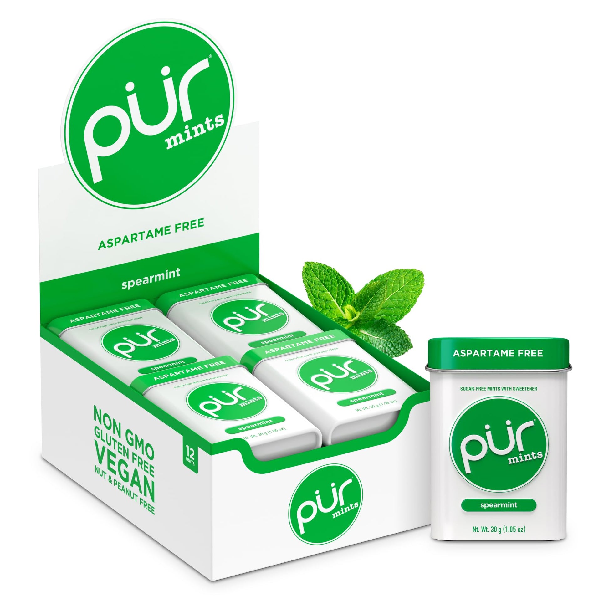 PUR Mints Sugar-Free Spearmint Flavor, 30 Count (Pack of 12) - Vegan, Gluten-Free, Keto Friendly, Aspartame-Free