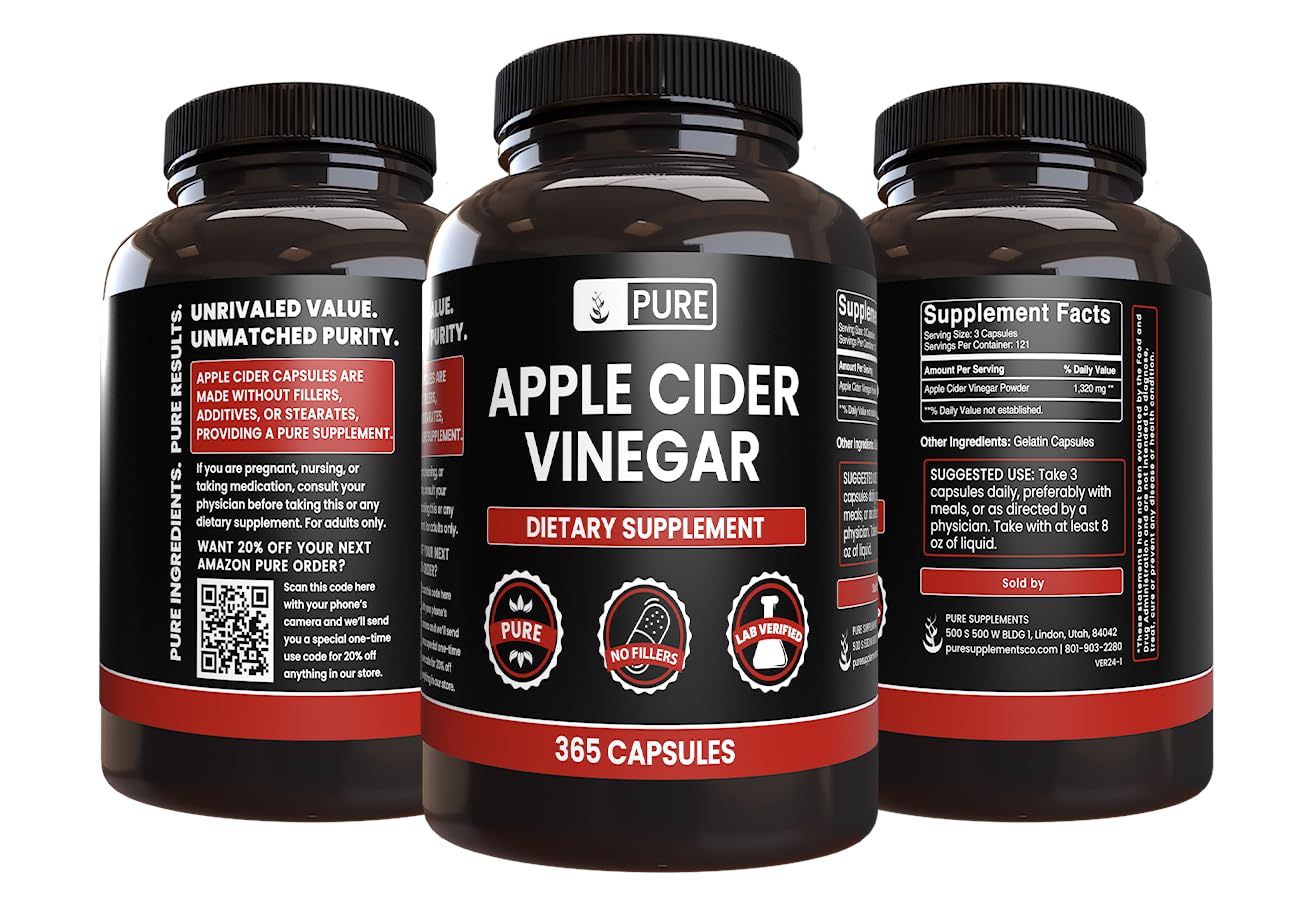 PURE ORIGINAL INGREDIENTS Apple Cider Vinegar Powder, Non-GMO, 365 compact pieces, Multi-color