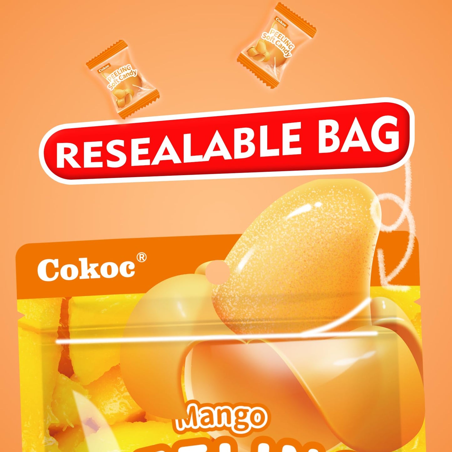 COKOC Peelable Gummies Mango Candy, Individual Packaging, 2.64oz Bag, Pack of 3