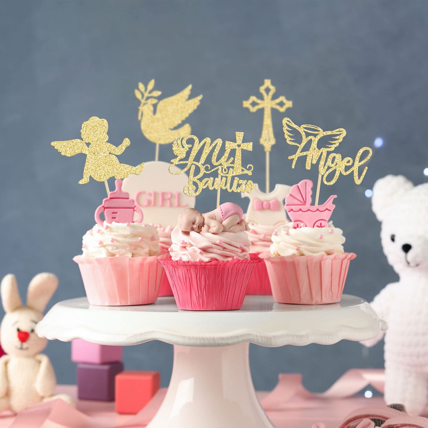 Gyufise 30Pcs Mi Bautizo Cupcake Toppers Gold Glitter Cross Angel Dove Cupcake Toppers Angel Religious God Bless Cupcake Picks F