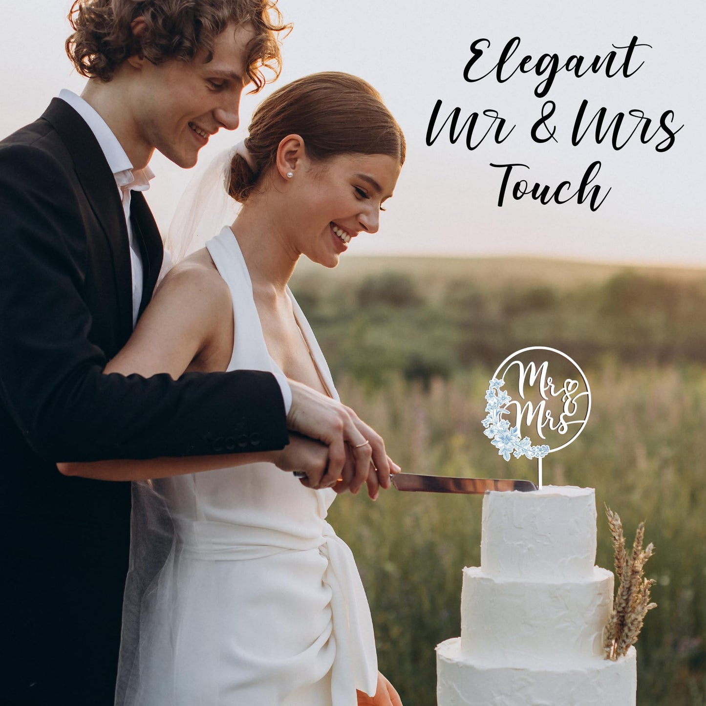 Mr & Mrs Cake Topper Greeny Wedding Cake Topper In Wood, Newly Wed Cake Toppers, Wedding Cake Toppers Bride And Groom, Toile De Jouy Decorations, Something Blues Gifts (Toile De Jouy)