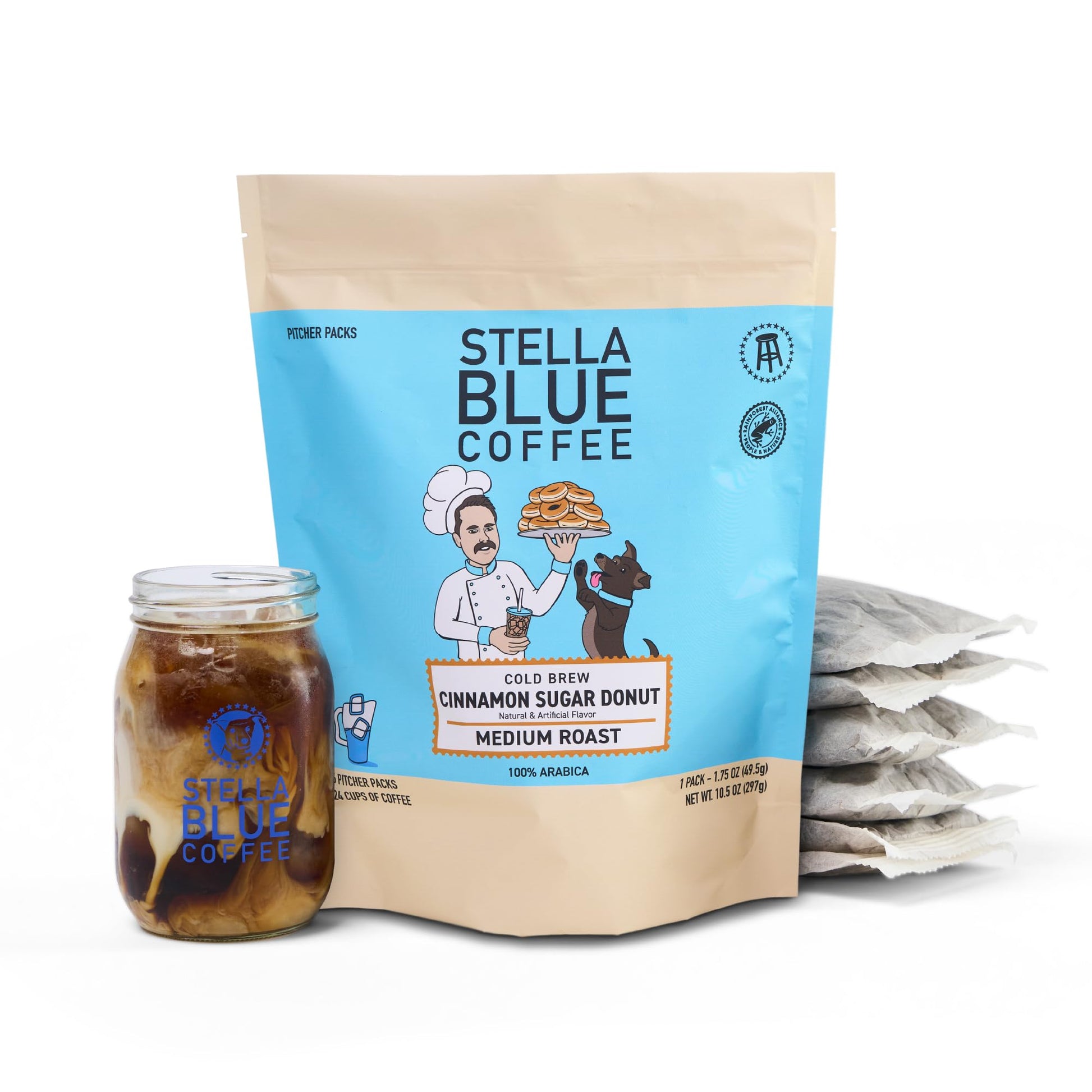Stella Blue Cold Brew Coffee Bags  Cinnamon Sugar Donut  Medium Roast Ground Coffee  Smooth  Bold and Refreshing 100% Arabica  6 Brew Packets  Makes 24 Cups  Rainforest Alliance Certified