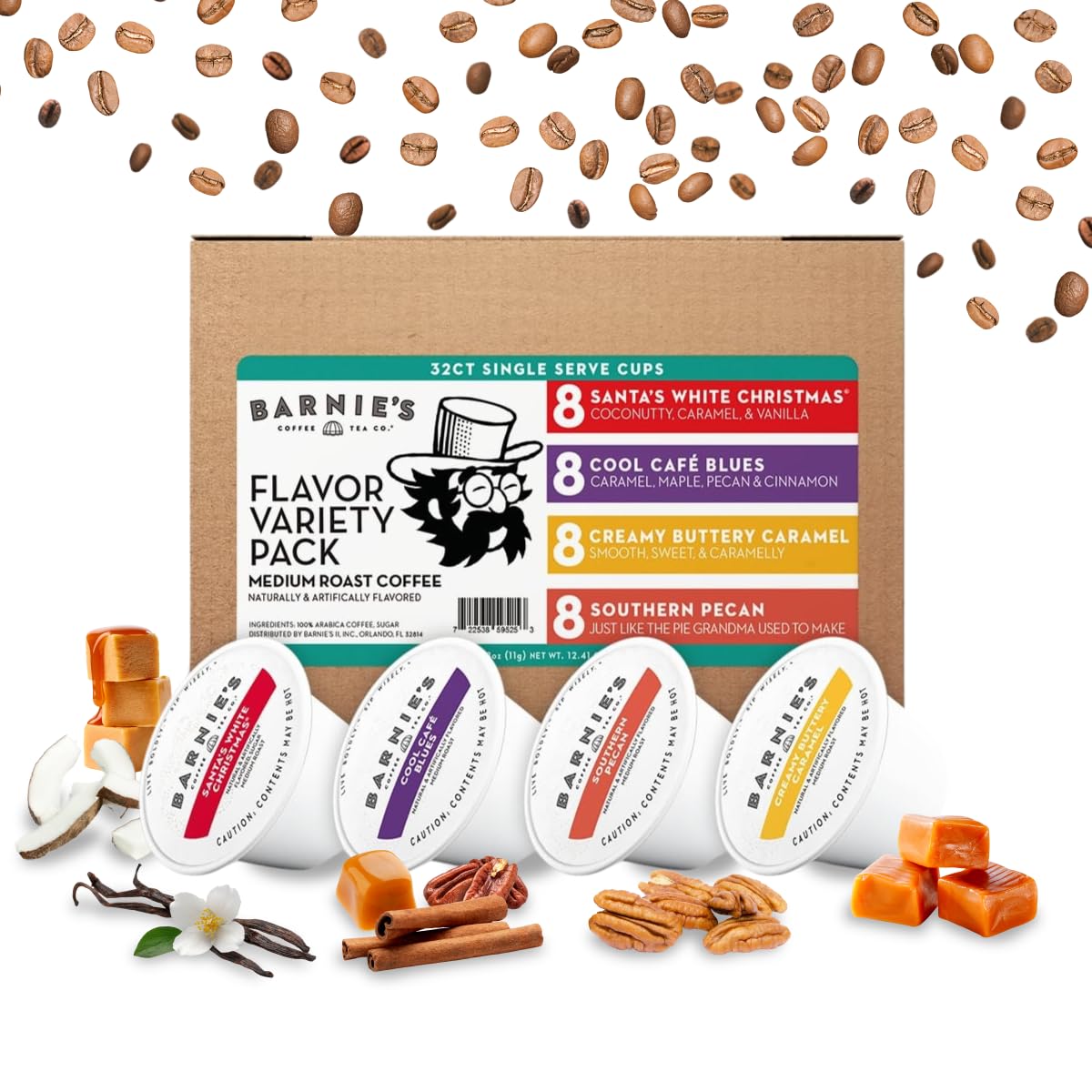 Barnies Coffee Pods with Santas White Christmas, Southern Pecan, Creamy Buttery Caramel, and Cool Cafe Blues, Assorted Variety Pack, 32 Count