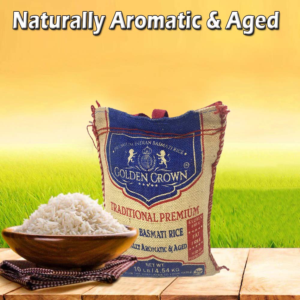 Golden Crown Basmati Rice - 10LB (160 oz) | Naturally Aromatic, Gluten-Free, Extra Long Grains, Vegan, Halal, Kosher