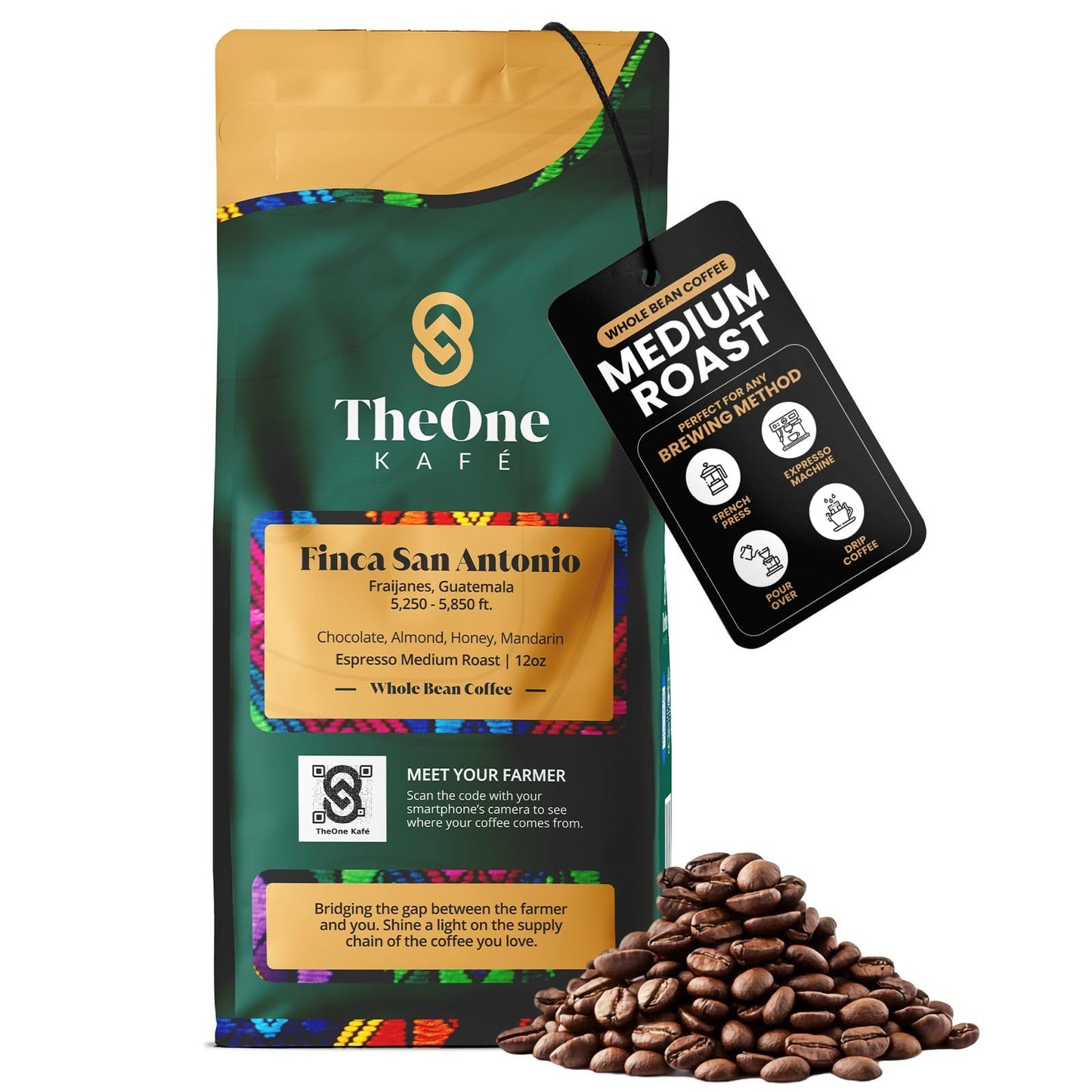 TheOne Kafé Guatemala Medium Roast Whole Bean Coffee – Organic, Smooth & Rich Flavor – 12 oz
