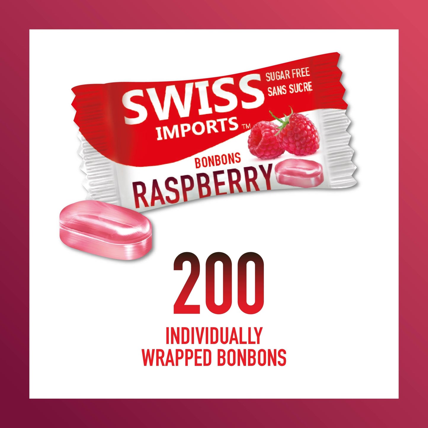 Swiss Imports Sugar Free Bonbons Hard Candy Drops, Raspberry, 200 Individually Wrapped Pieces, 500G/17.6Oz