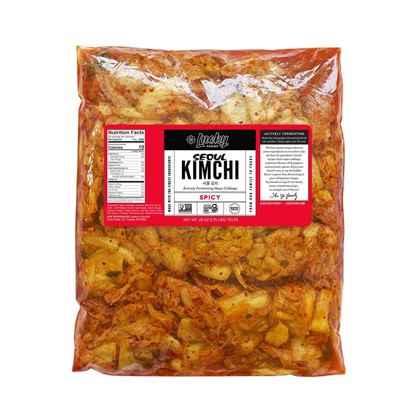 Lucky Foods Seoul Kimchi, (28oz / 1.75 lbs), Authentic Korean Premium Fermented Napa Cabbage Kimchi, (SPICY, Made in USA) (Pack 