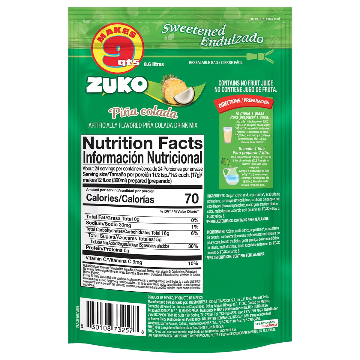 Zuko Pineapple Coconut Instant Powder Drink | Family Pack | No Sugar Needed | Vitamin C | 14.1 Ounce (Pack of 6)