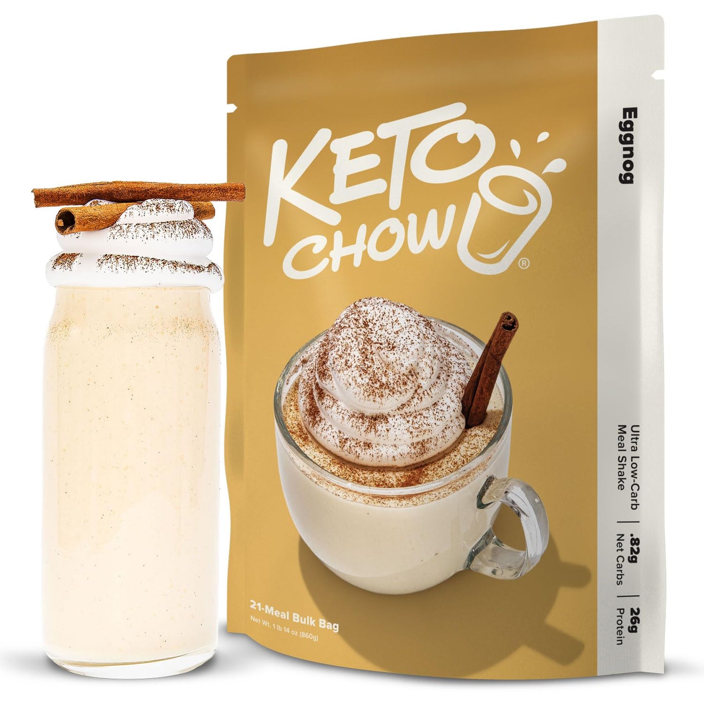 Keto Chow Eggnog Keto Meal Replacement Shake Powder - Low Carb, 30 Ounce, Protein Rich, Nutritionally Complete