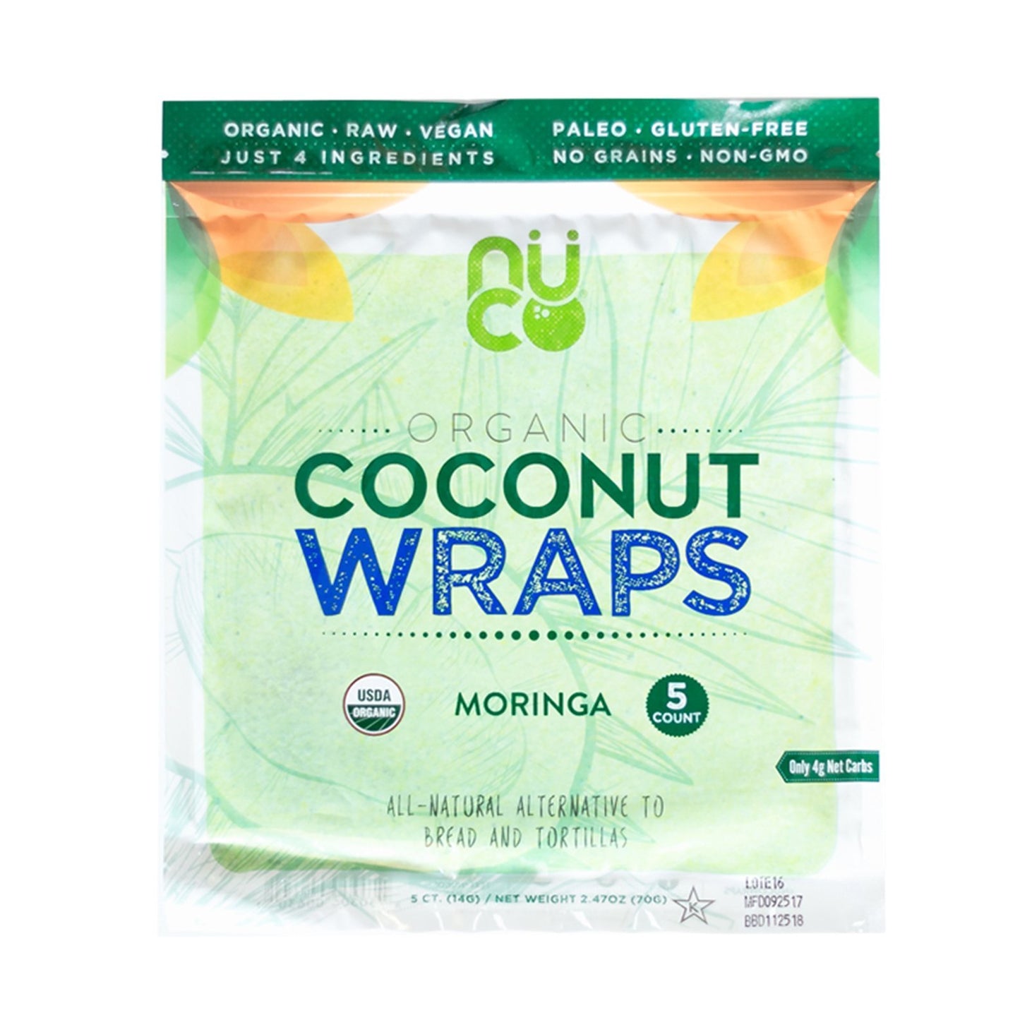 NUCO Coconut Wraps, Moringa Flavor, Vegan, Gluten Free, Non-GMO, 2.47 oz, 5 Count, Original Version