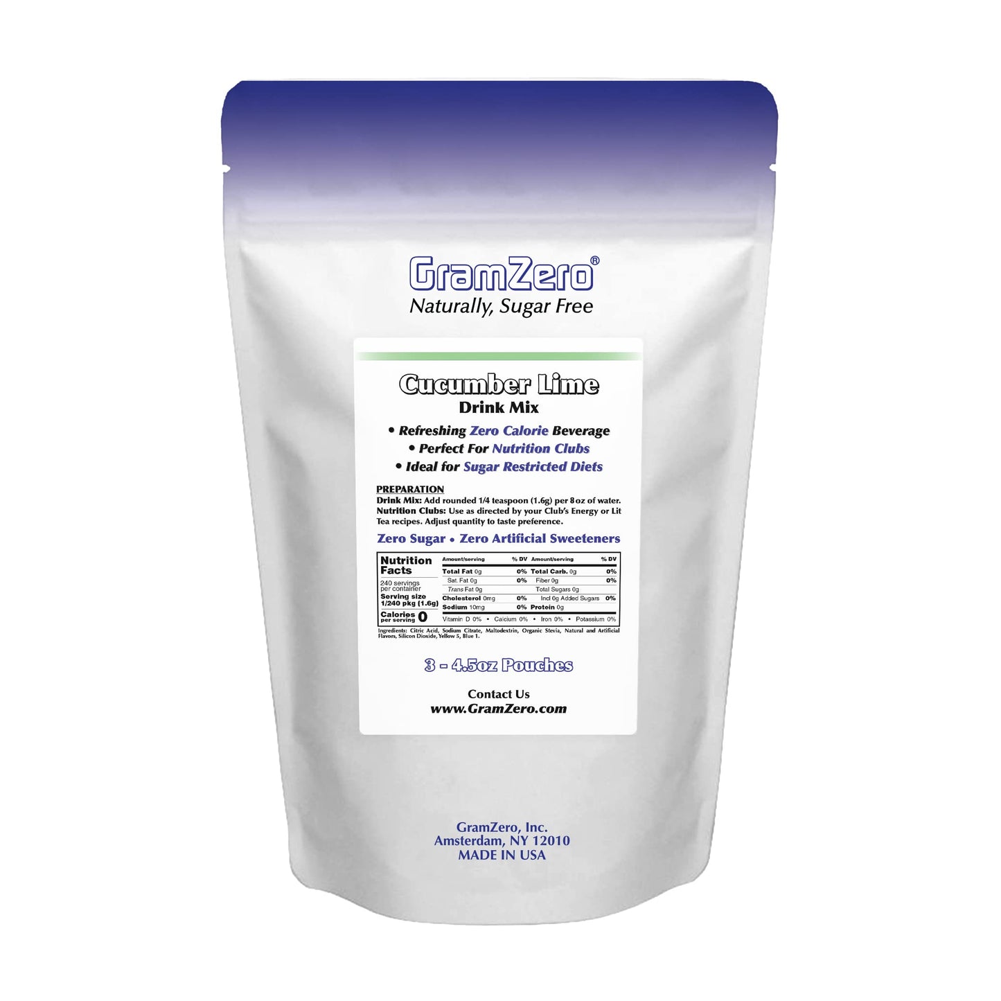 GramZero All Natural Cucumber Lime Zero Calorie Sugar Free Drink Mix, Great For Nutrition Club Loaded Tea, Stevia Sweetened