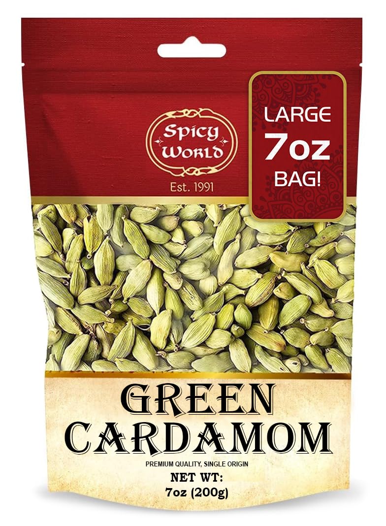 Spicy World Whole Green Cardamom Pods 7 Oz Large Bag (200G) - Natural Spice, Vegan, Large, Aromatic - By Spicy World