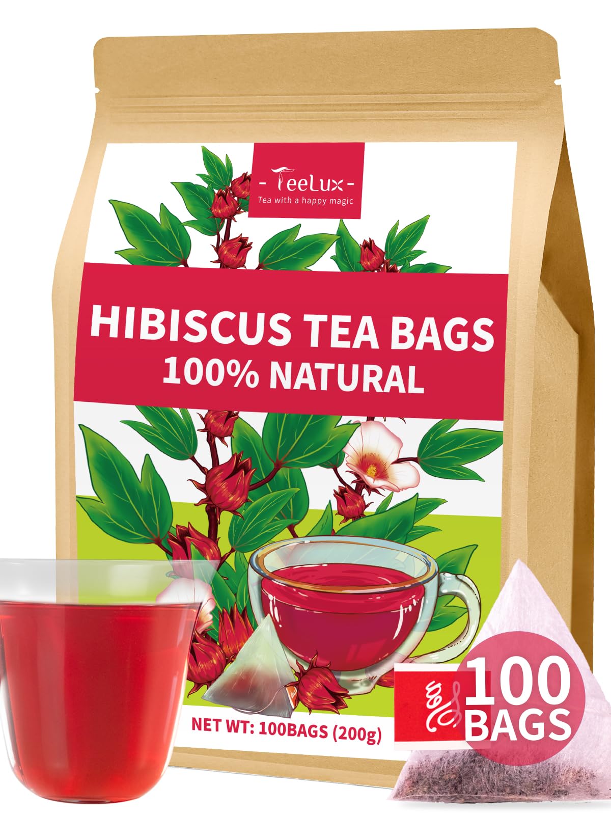 TeeLux Hibiscus Tea Bags, Herbal Tea, Caffeine Free, Refreshing Tart Flavor, 100 Count