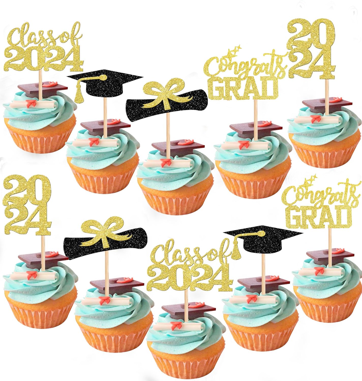 40 Pieces 2024 Graduation Theme Paper Cupcake Decoration Flash Grade 2024 Graduation Hat Certificate Paper Cupcake Selection 202