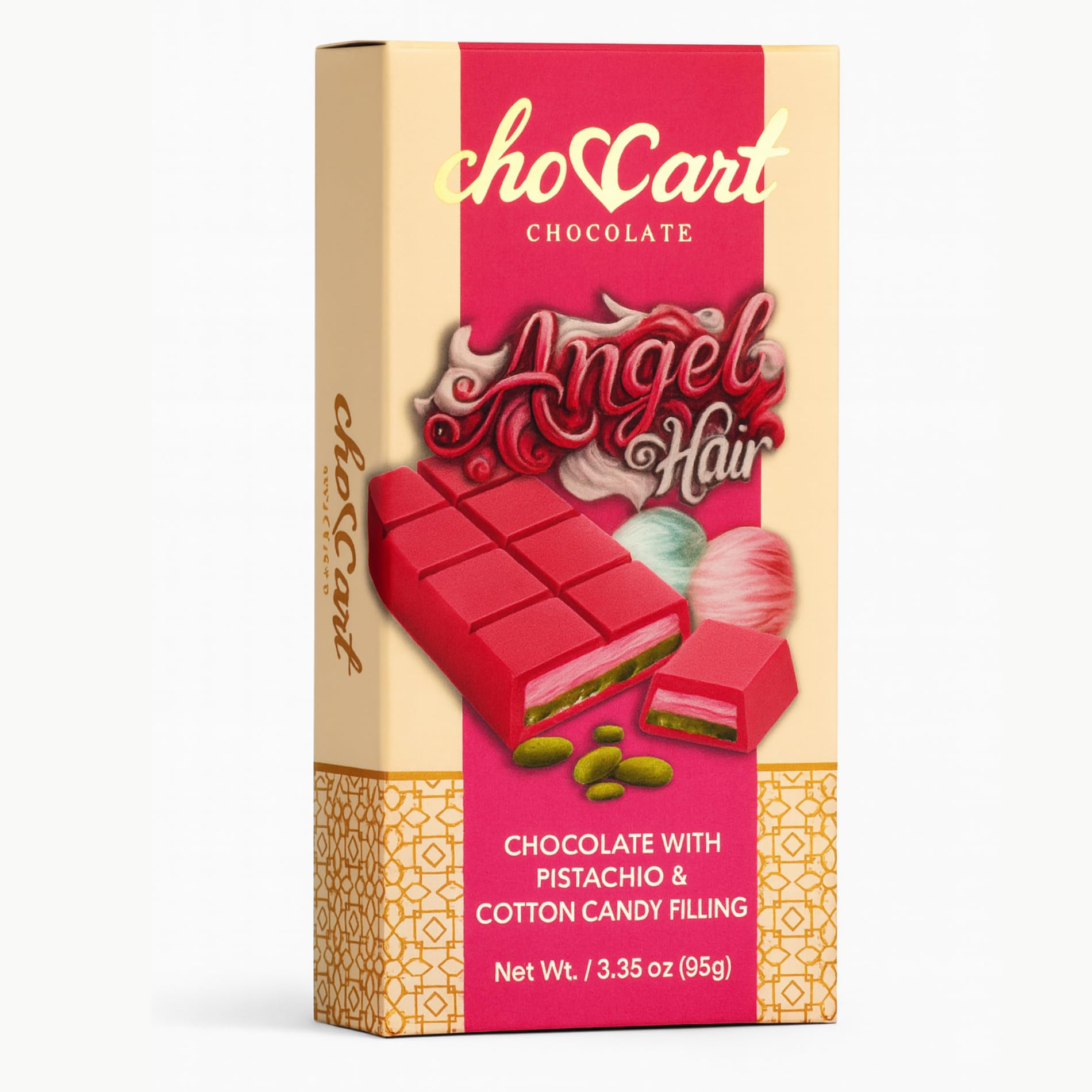 Choccart Dubai Chocolate - Top-Grade With Kunafa & Pistachio Filling - Viral Knafeh Chocolate Dessert Bar In Stylish Gift Box  Rich Milk (95G / 3.35 Oz) - Made In Dubai (1 Pack  Cotton Candy)
