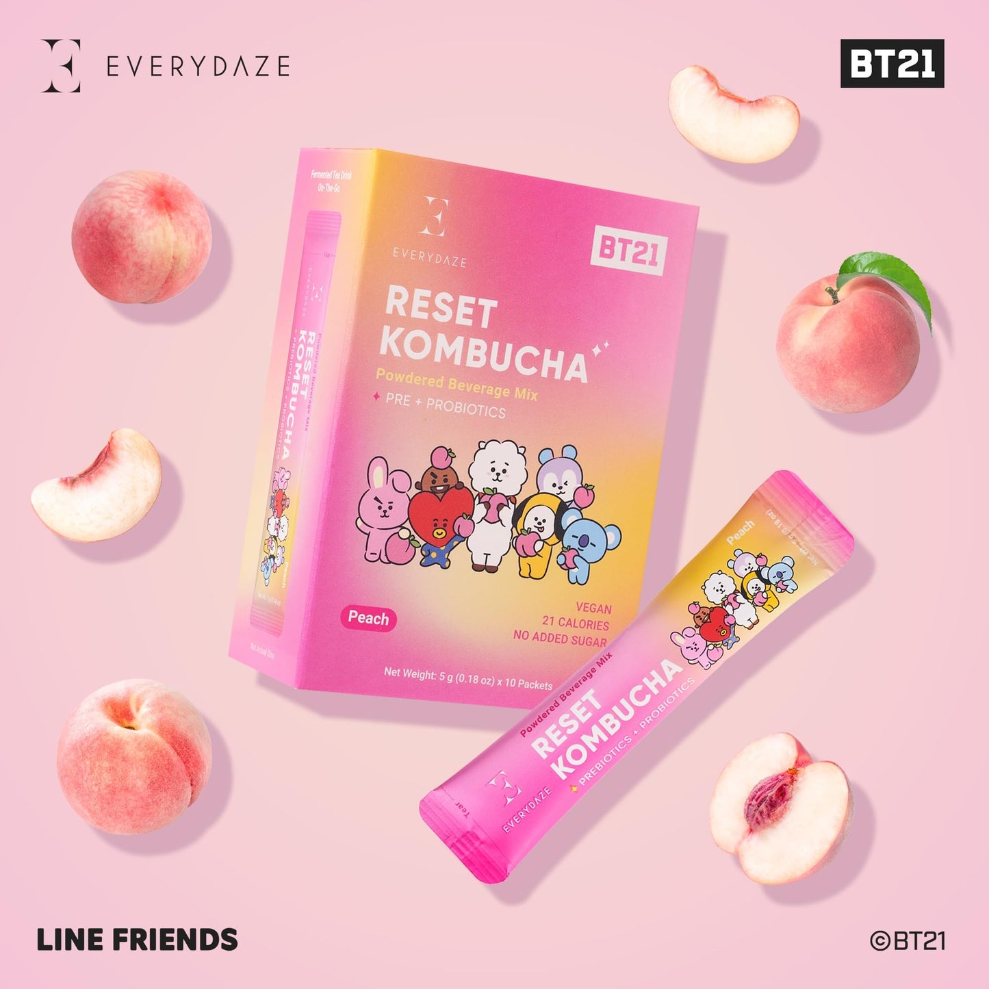 E EVERYDAZE BT21 Kombucha Tea Powdered Beverage Mix, Vegan, No Added Sugar, 10 Sticks, 0.18 Ounce, Sparkling Peach Flavor