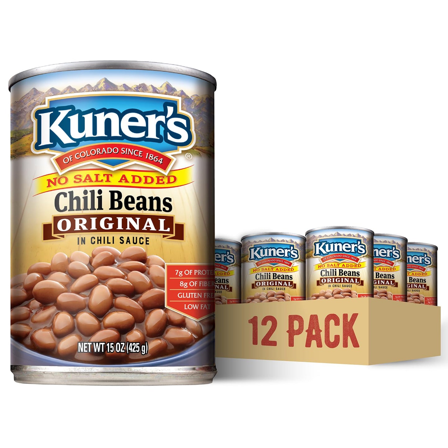 Kuners No Salt Added Canned Chili Beans, Vegan, Gluten Free, Fat Free, 15 oz, 12 Pack