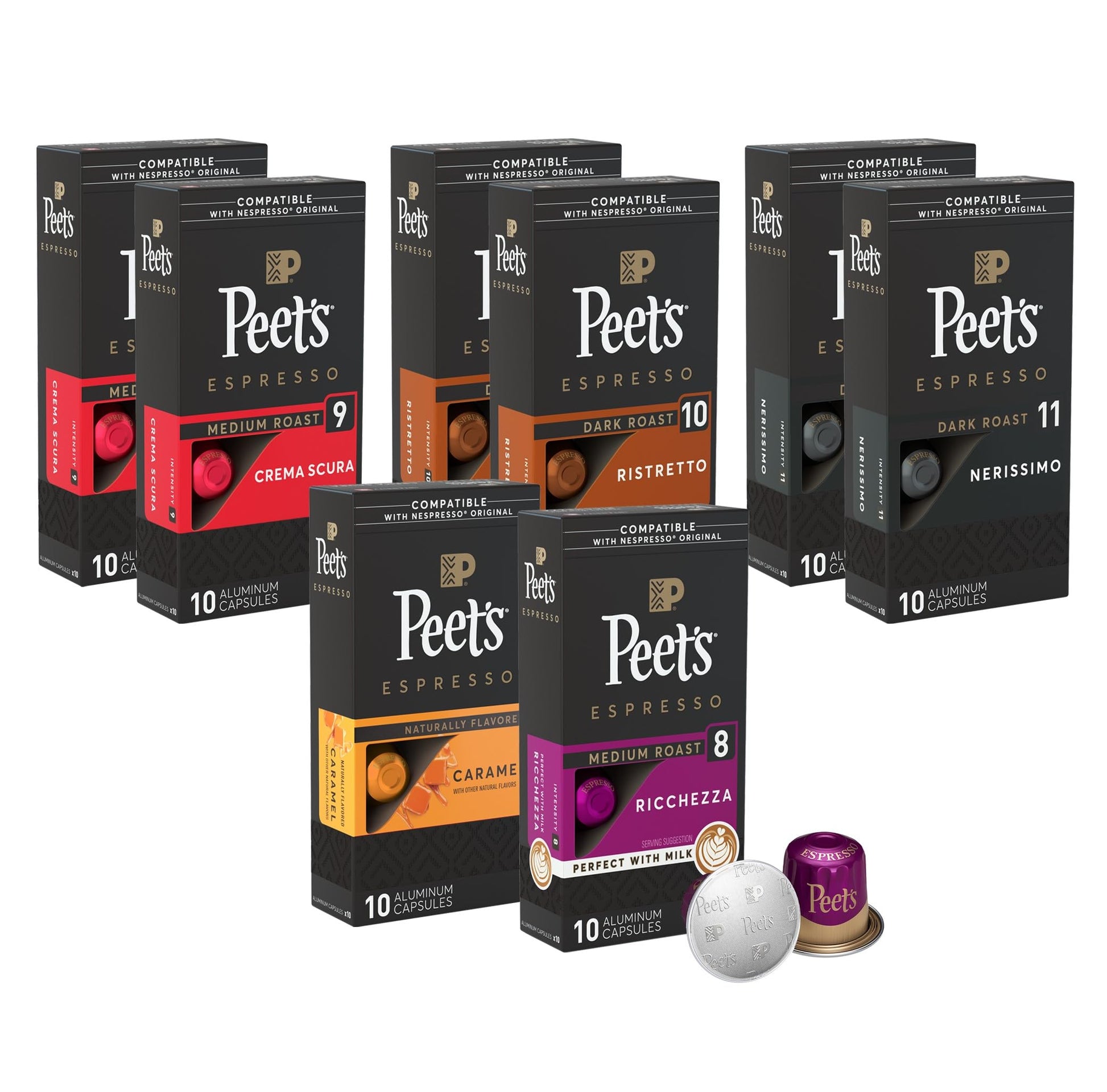 Peets Coffee Dark Roast Espresso Capsules Variety Pack, Compatible with Nespresso, 80 Count (8 Boxes of 10 Capsules)