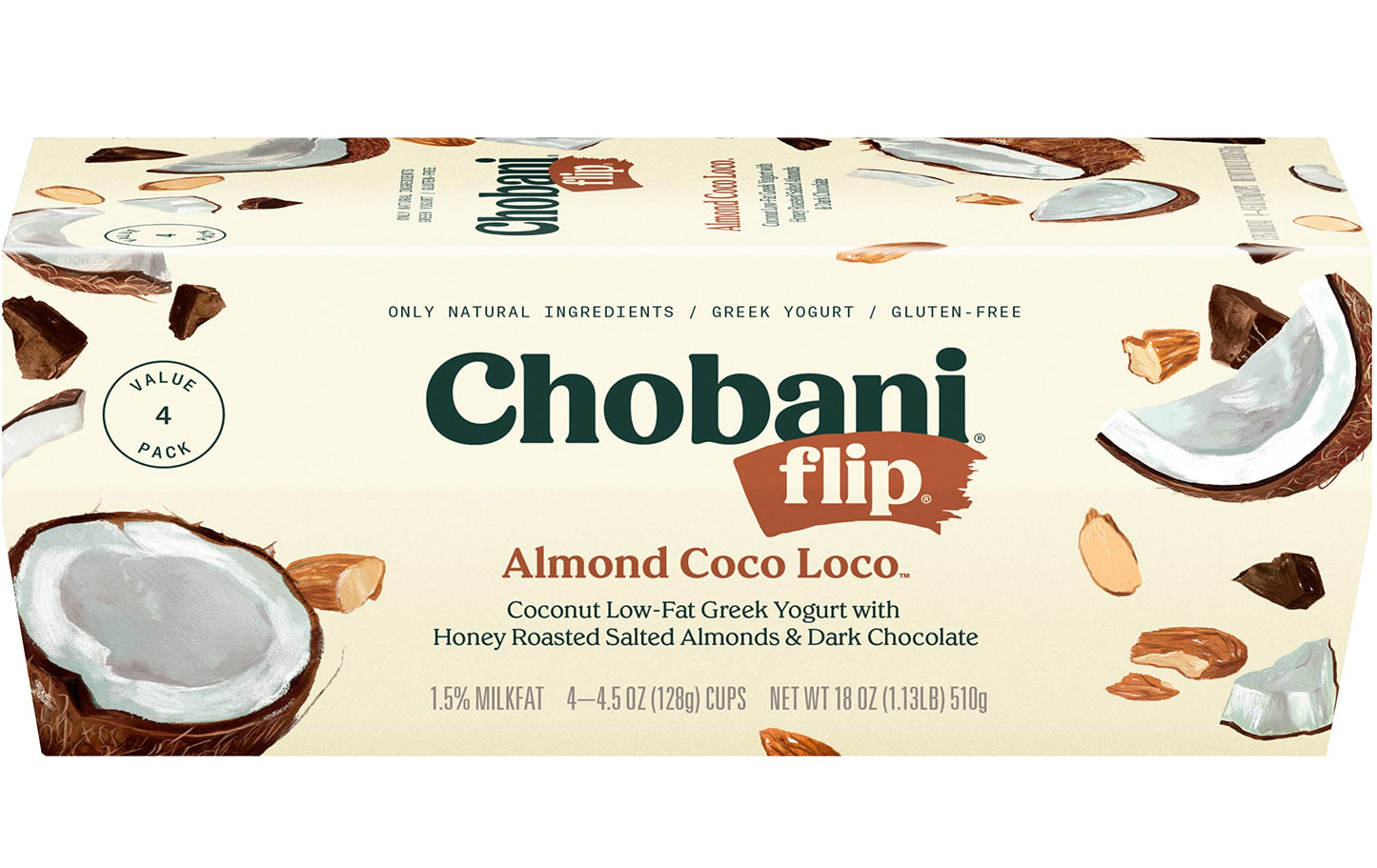 Chobani Flip Low-fat Greek Yogurt, Chocolate Almond Coco Loco 4.5oz, 4-pack