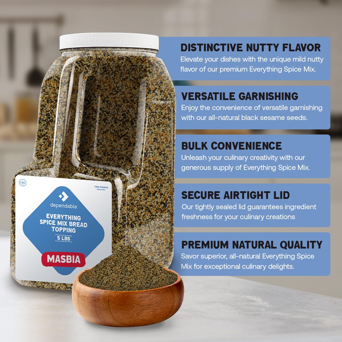 Dependable Food Everything Bagel Mix - 5 Lb. Resealable Jug - Natural, Non-Gmo, No Additives, Kosher - Versatile Spice Blend For
