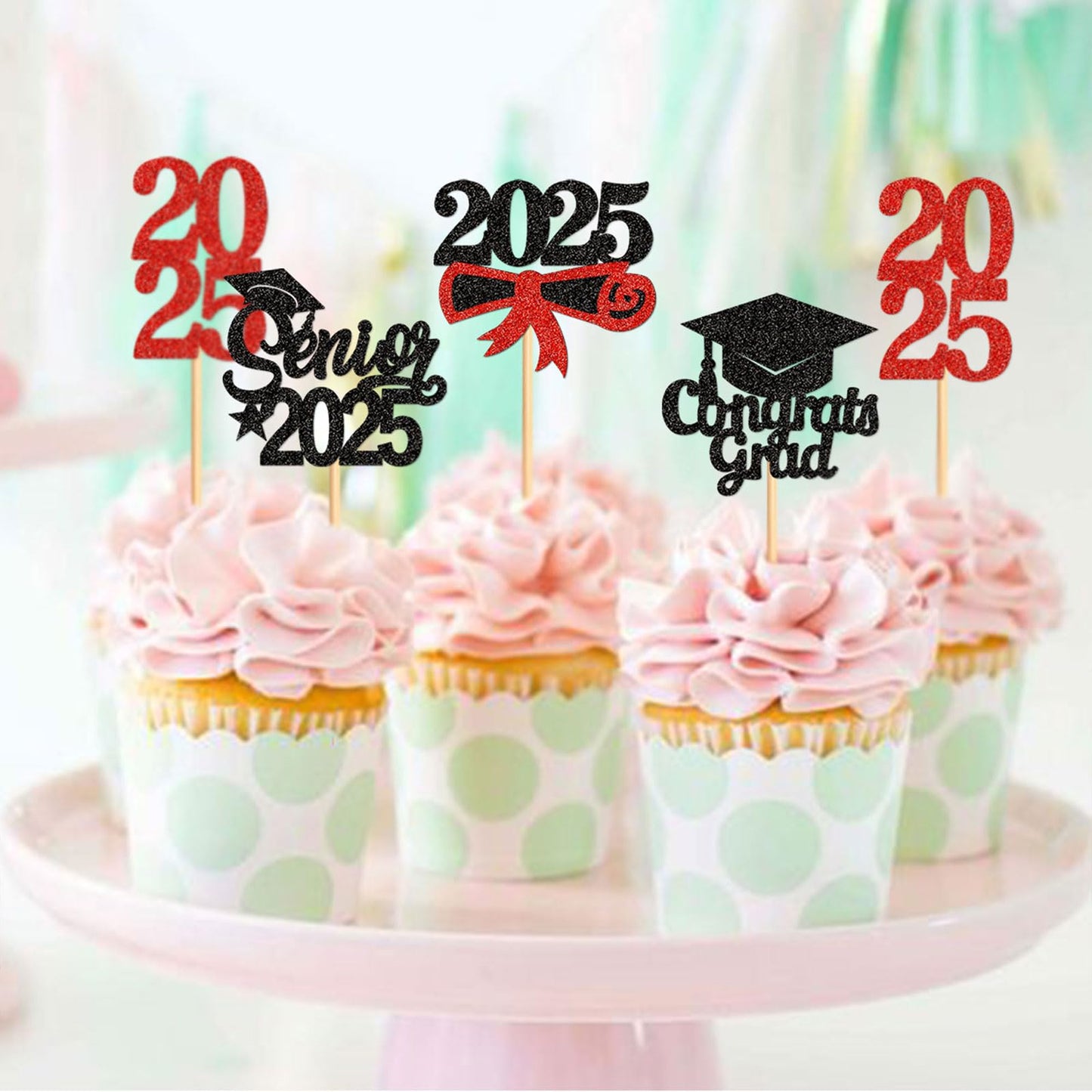 Keaziu 24 Pack Graduation Cupcake Toppers Senior 2025 Congrats Grad Red Decorations