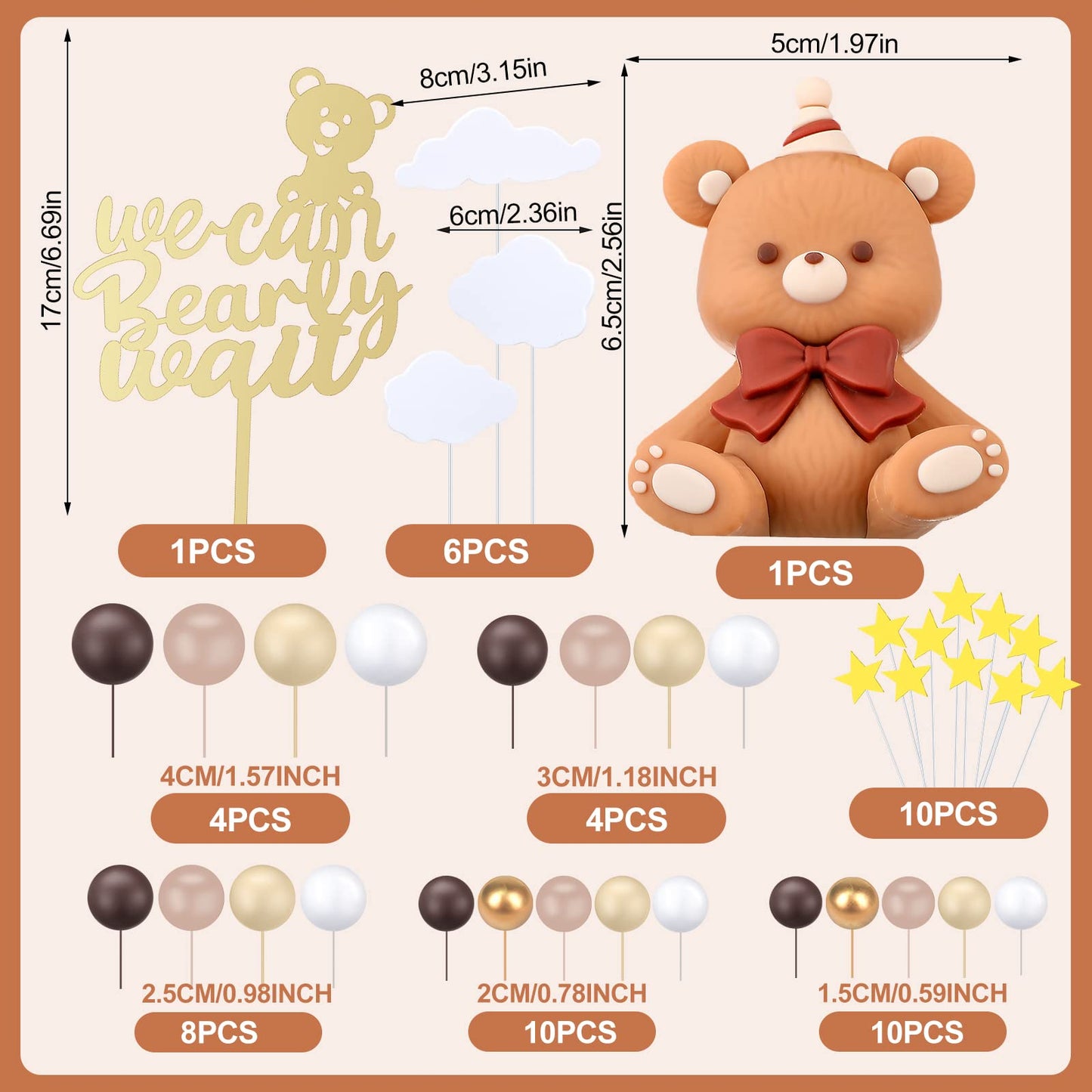 54 Pcs Brown Bear Cake Decorations We Can Bearly Wait Cake Topper For Birthday Baby Shower Party Supplies Decorations (Lovely)