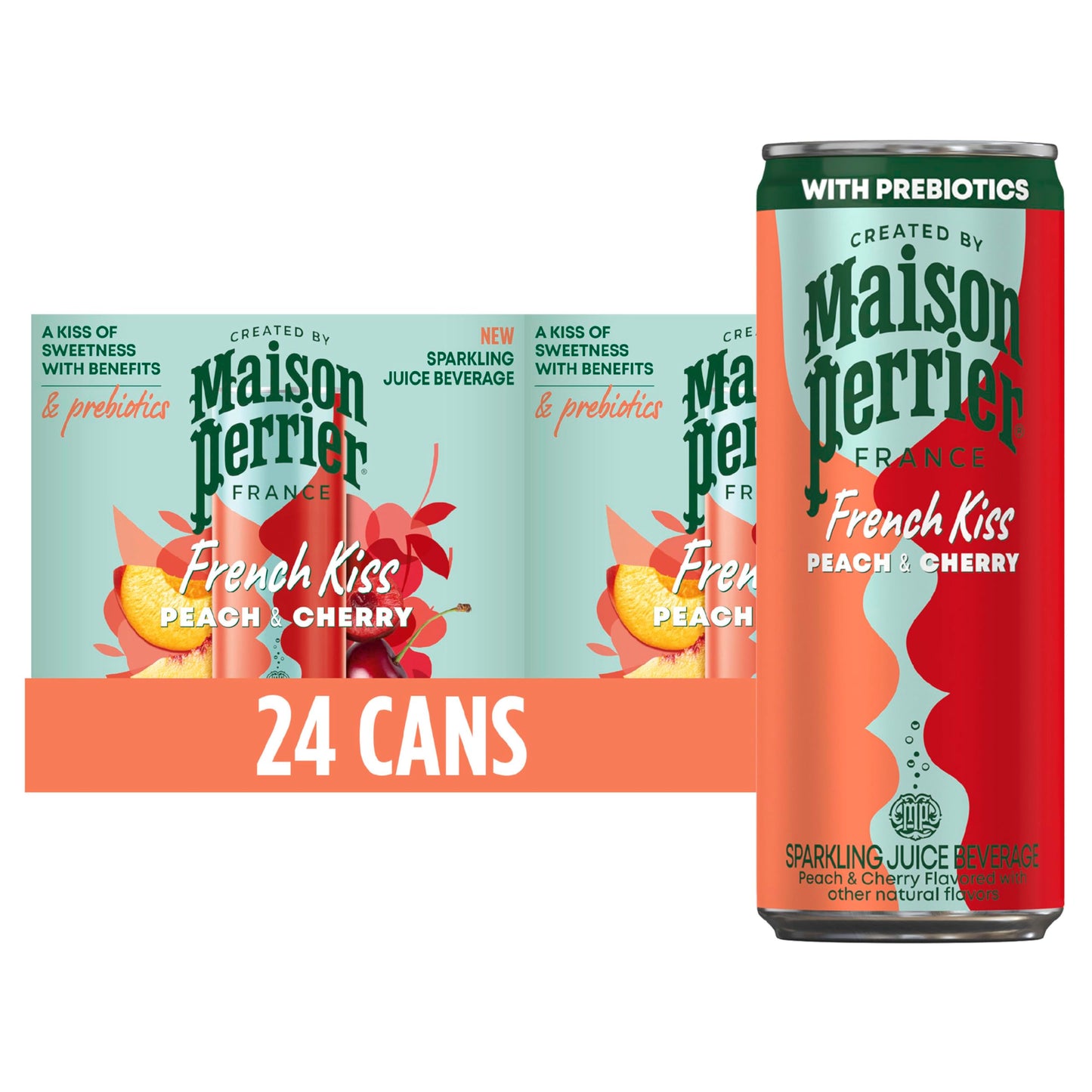 Maison Perrier French Kiss Sweetened Sparkling Juice Beverage, Peach & Cherry Flavors With Real Fruit Juices, 24Pk