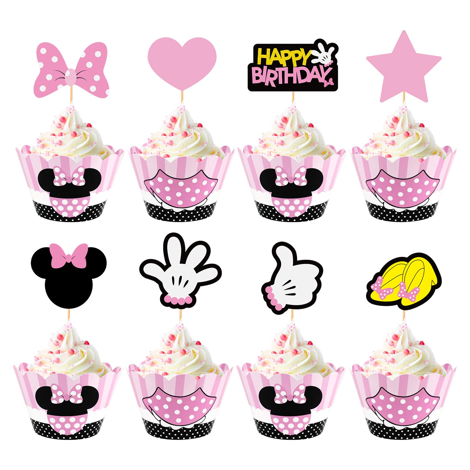 MOAXMOA Minnie Cupcake Toppers and Wrappers, 32 Toppers & 32 Wrappers, Paper, Kids Birthday Theme, Baby Shower Party Supplies