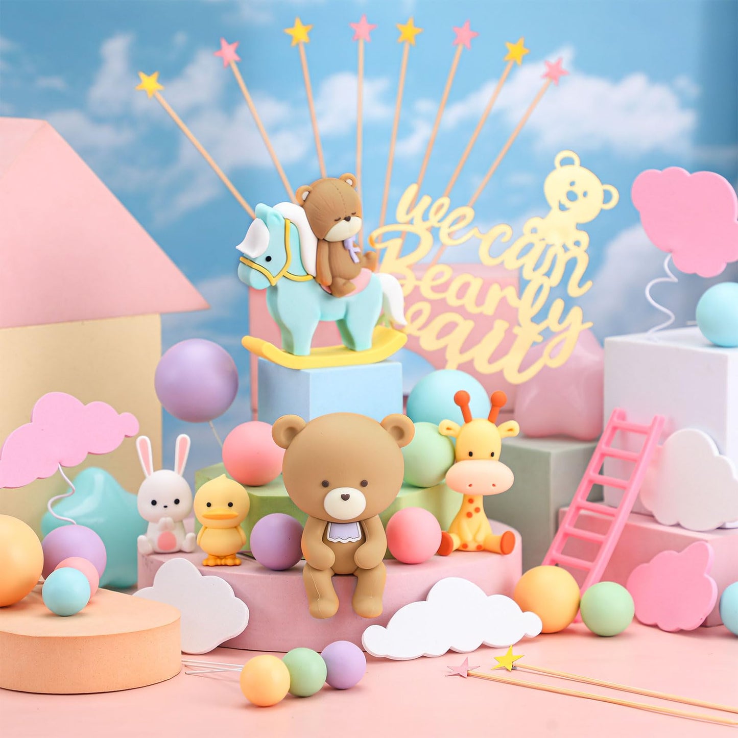 Yinder Bear Cake Toppers Mini Bear Cake Decorations Cake Toppers Gold White Pearl Ball For Birthday Party Decorations(Bright Col
