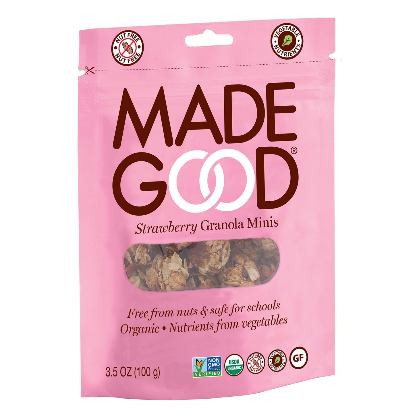 MadeGood Strawberry Granola Minis, 6 Pouches (3.5 oz/ea) Granola Clusters Made with Crunchy Oats and Juicy Strawberries; Conveni